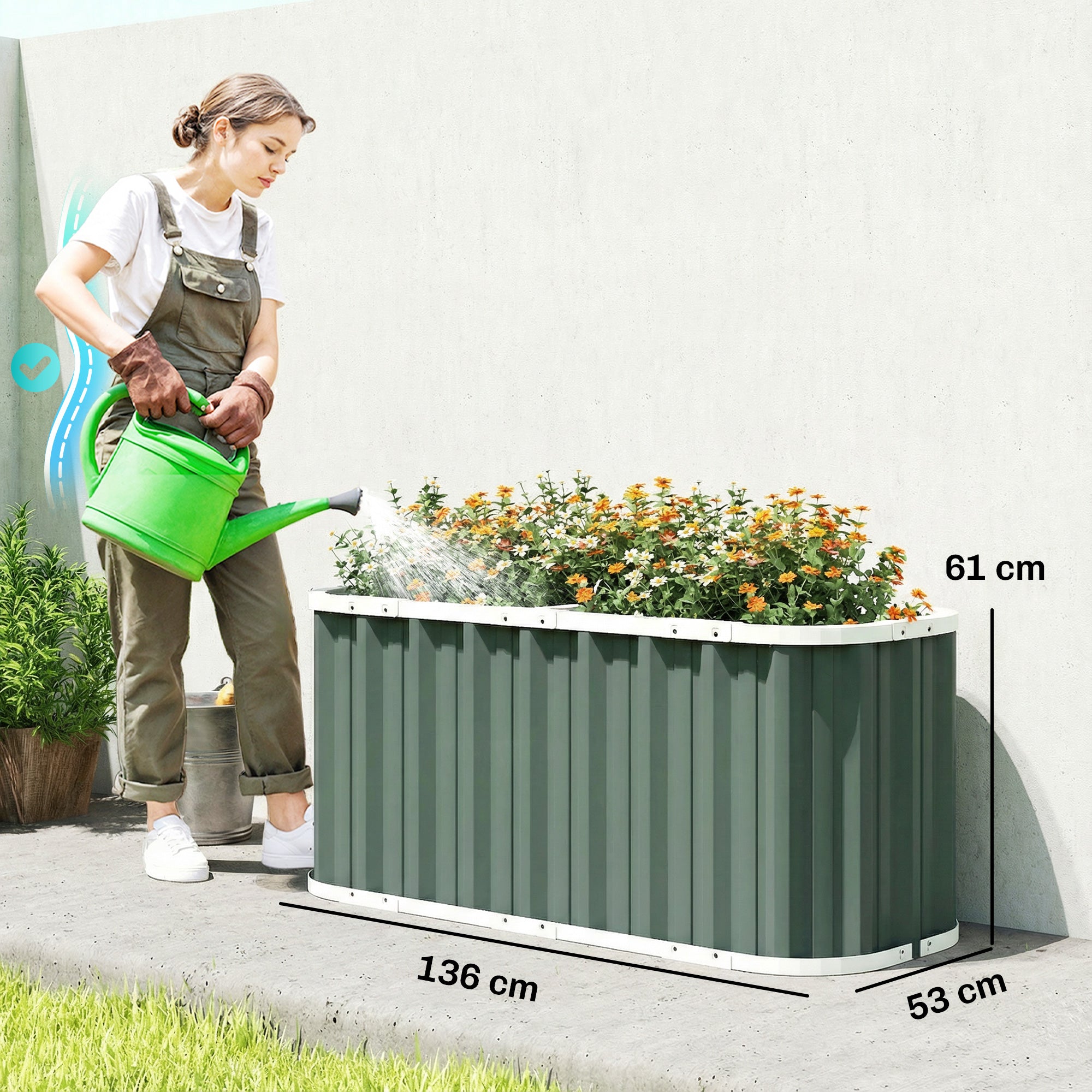 Galvanized Raised Metal Garden Bed, 136 x 53 x 61 cm (53.5" x 20.9" x 24") — Deep Planter with Protective Edges, Plant Labels & Gloves, Open-Bottom Herb Tray, Easy Assembly for Garden & Balcony