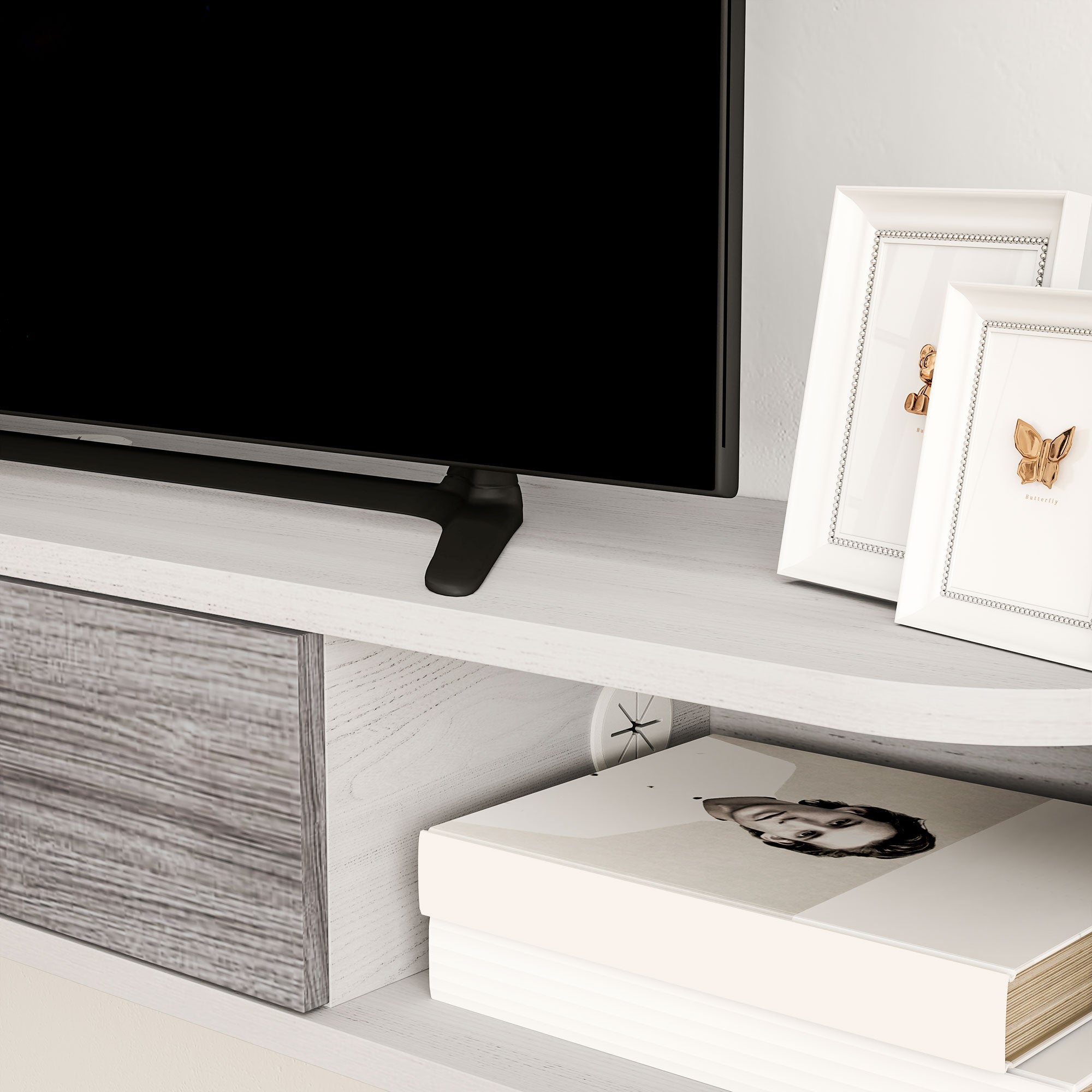 Floating TV Stand with 2 Open Shelves and Flip-Down Cabinet, Wooden TV Cabinet, 120x26x16 cm, White and Gray