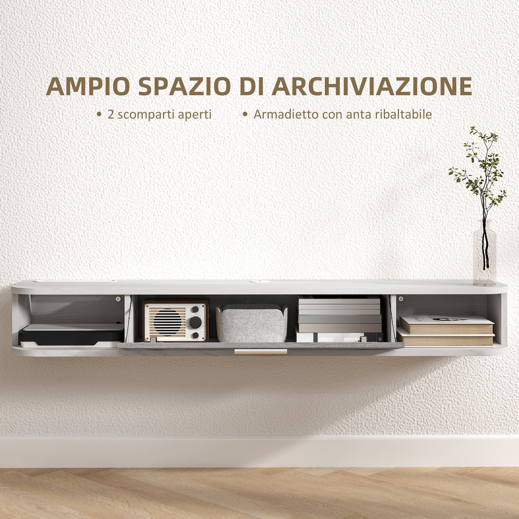 Floating TV Stand with 2 Open Shelves and Flip-Down Cabinet, Wooden TV Cabinet, 120x26x16 cm, White and Gray