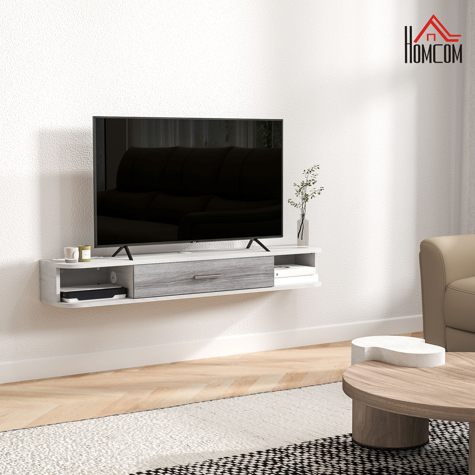 Floating TV Stand with 2 Open Shelves and Flip-Down Cabinet, Wooden TV Cabinet, 120x26x16 cm, White and Gray