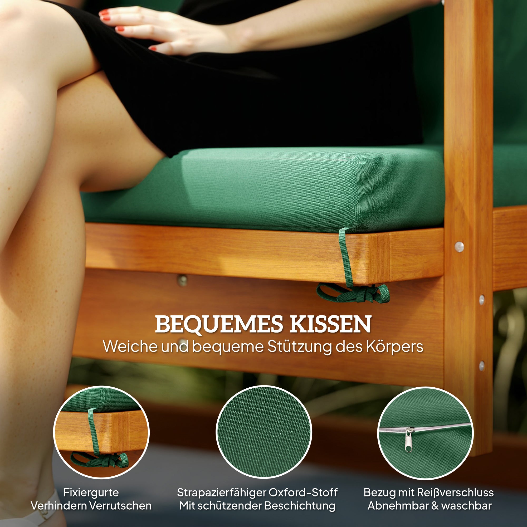 2 in 1 Hollywood swing with reclining function, 3-seater garden swing made of wood, wooden swing with sun canopy seat cushion, swing bench up to 330kg, for garden, terrace, 236x130x181 cm, Dark green