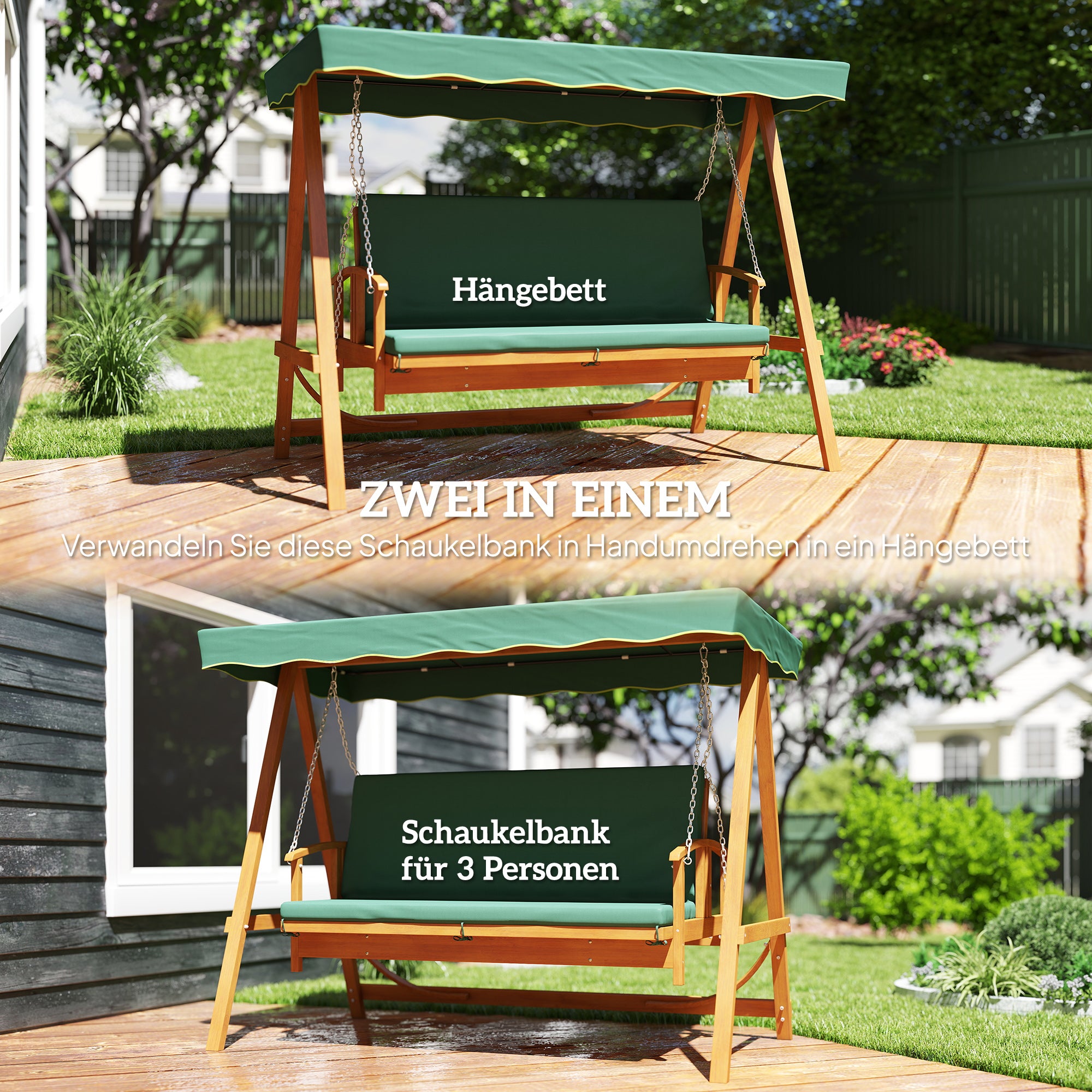 2 in 1 Hollywood swing with reclining function, 3-seater garden swing made of wood, wooden swing with sun canopy seat cushion, swing bench up to 330kg, for garden, terrace, 236x130x181 cm, Dark green