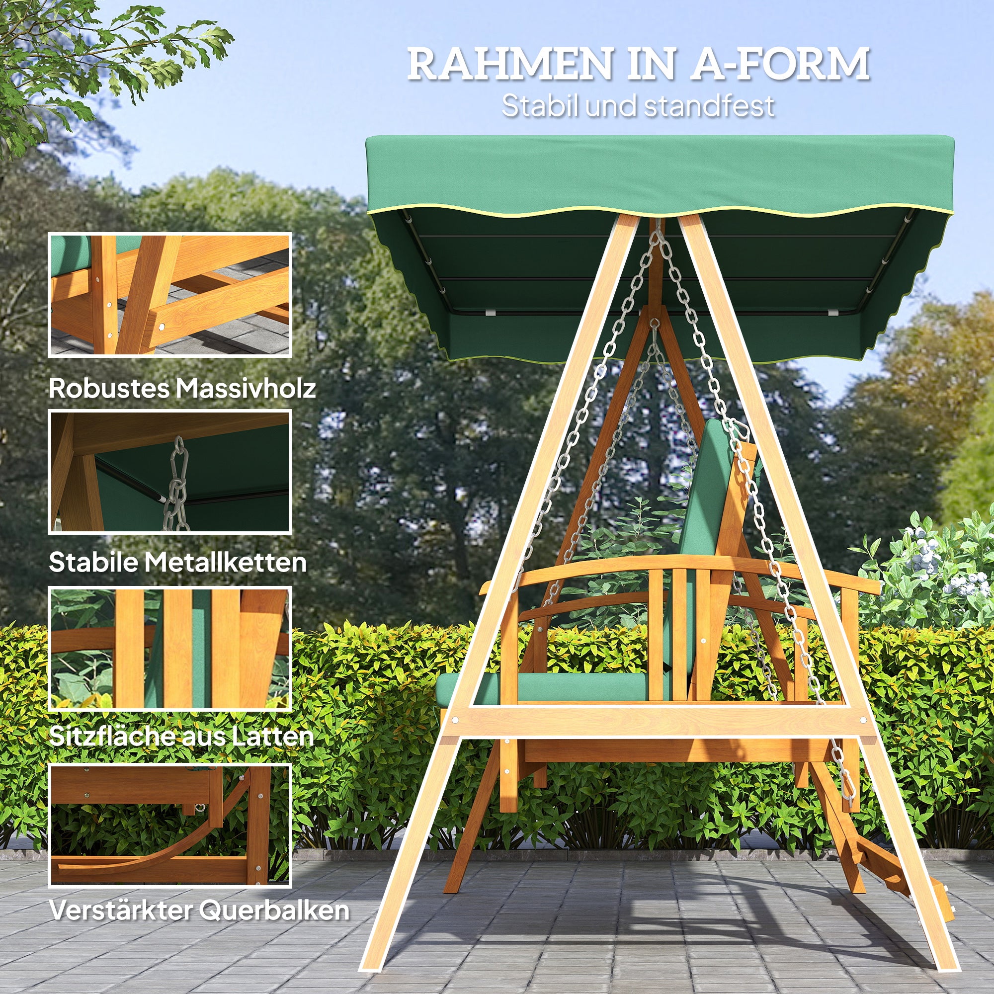 2 in 1 Hollywood swing with reclining function, 3-seater garden swing made of wood, wooden swing with sun canopy seat cushion, swing bench up to 330kg, for garden, terrace, 236x130x181 cm, Dark green