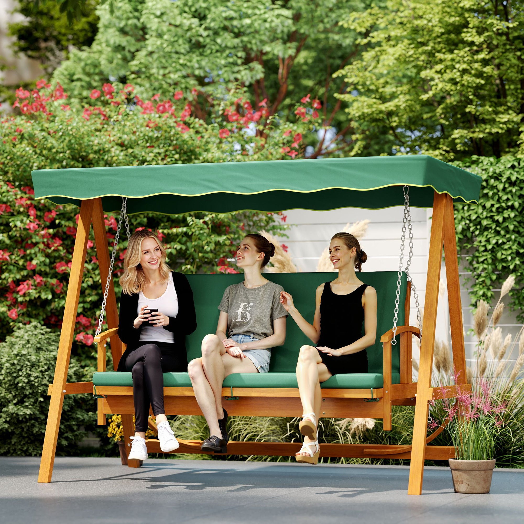 2 in 1 Hollywood swing with reclining function, 3-seater garden swing made of wood, wooden swing with sun canopy seat cushion, swing bench up to 330kg, for garden, terrace, 236x130x181 cm, Dark green