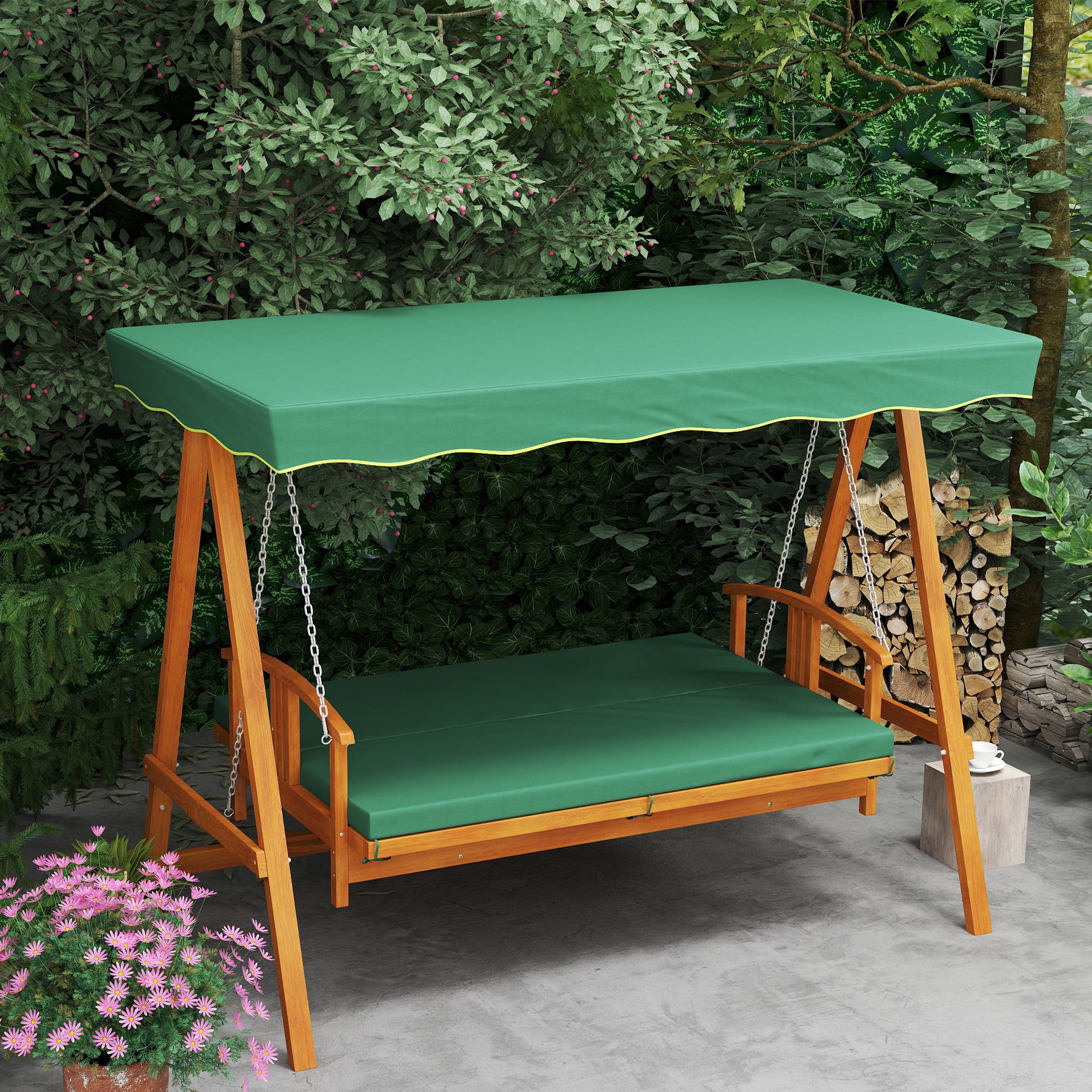 2 in 1 Hollywood swing with reclining function, 3-seater garden swing made of wood, wooden swing with sun canopy seat cushion, swing bench up to 330kg, for garden, terrace, 236x130x181 cm, Dark green