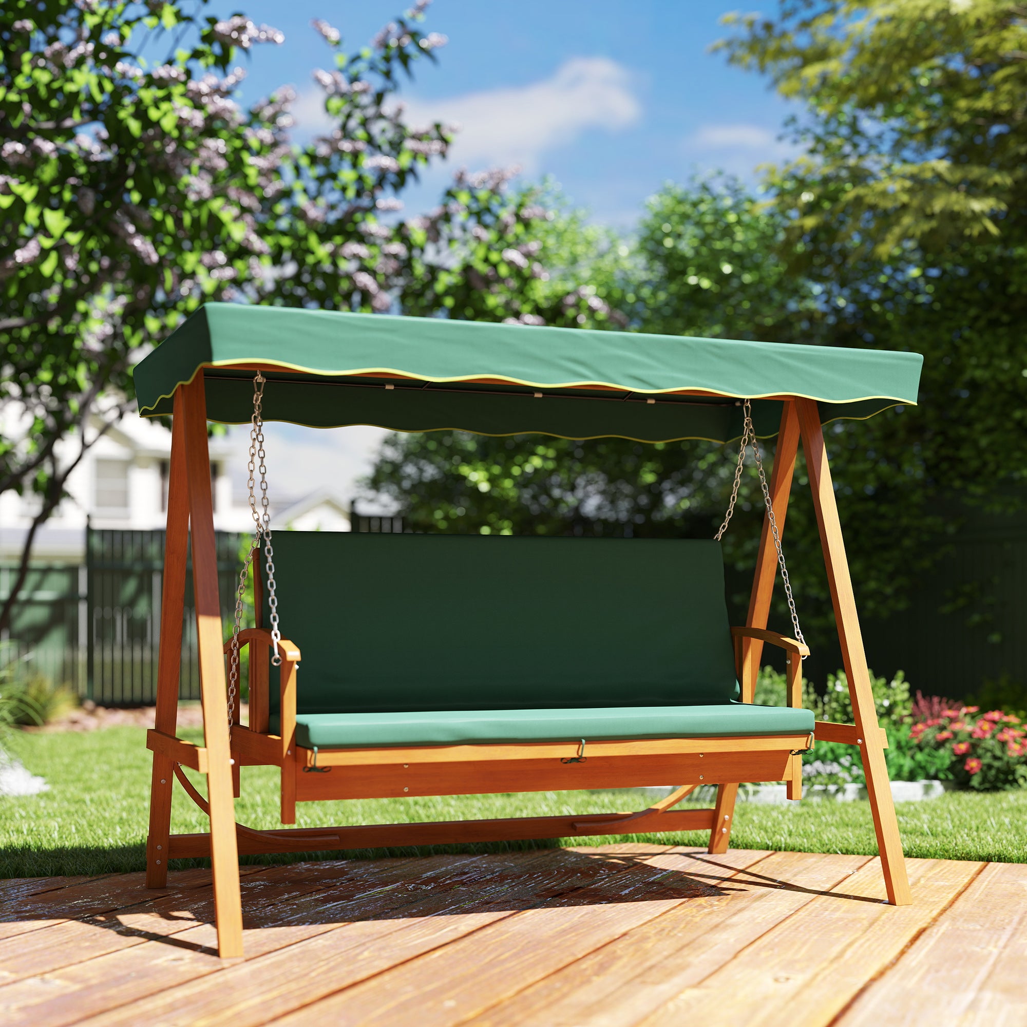 2 in 1 Hollywood swing with reclining function, 3-seater garden swing made of wood, wooden swing with sun canopy seat cushion, swing bench up to 330kg, for garden, terrace, 236x130x181 cm, Dark green