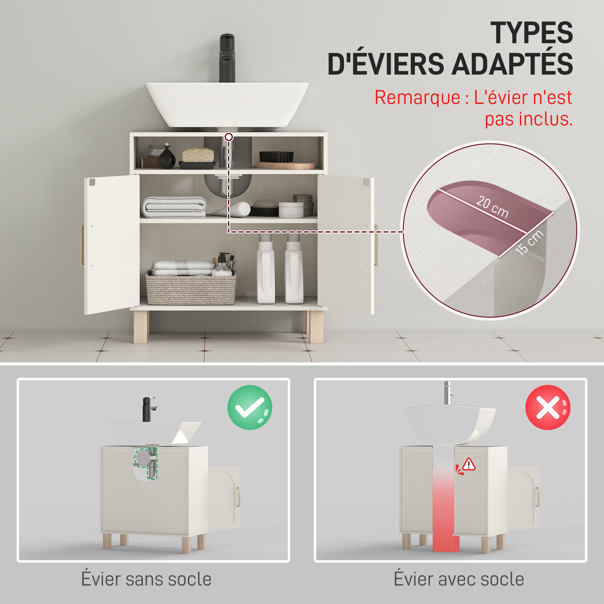 Bathroom Under Sink Cabinet, Under Sink Cabinet, Open Shelf Cupboard with 2 Magnetic Doors and Adjustable Shelf, 60 x 30 x 63 cm, White