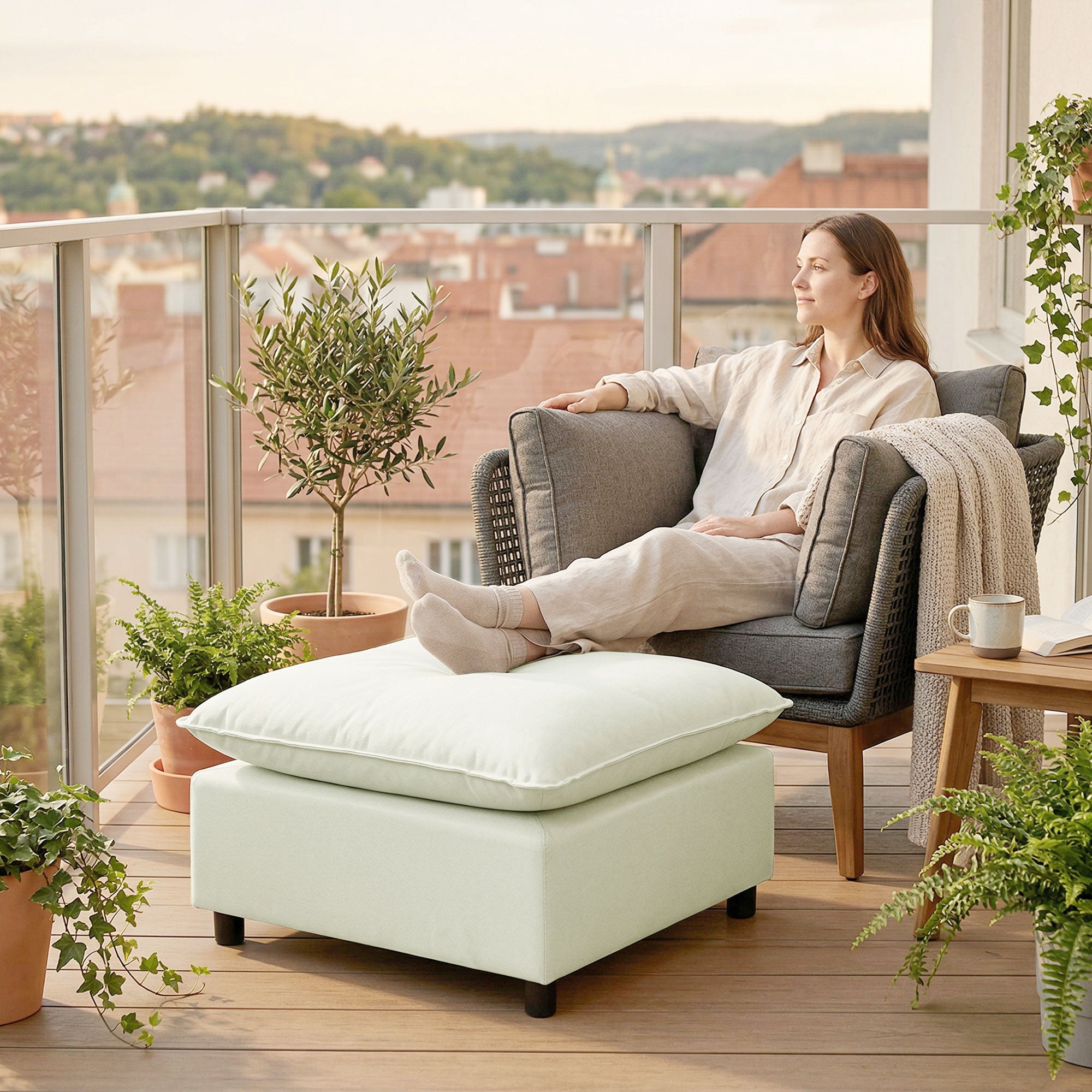 Modular Footstool with Soft Cushion — Square Linen-Effect Ottoman Pouf for Bedroom & Living Room, Cream White