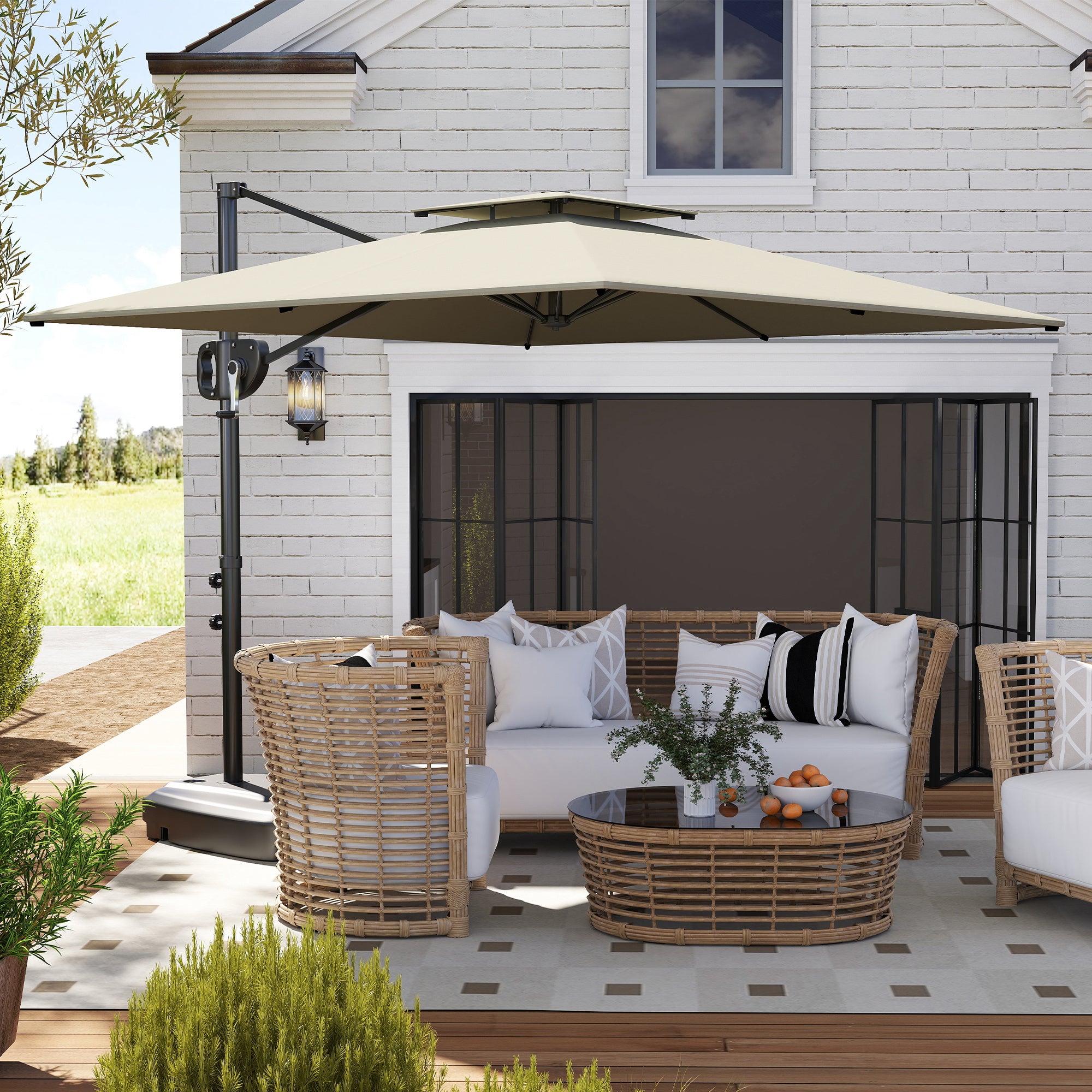Cantilever Side Umbrella 247 x 247 x 268 cm (97.2 x 97.2 x 105.5 in) — Tilt, Crank, Double Vent, Water-Fillable Base, Water-Resistant, UV Protection, Light Gray