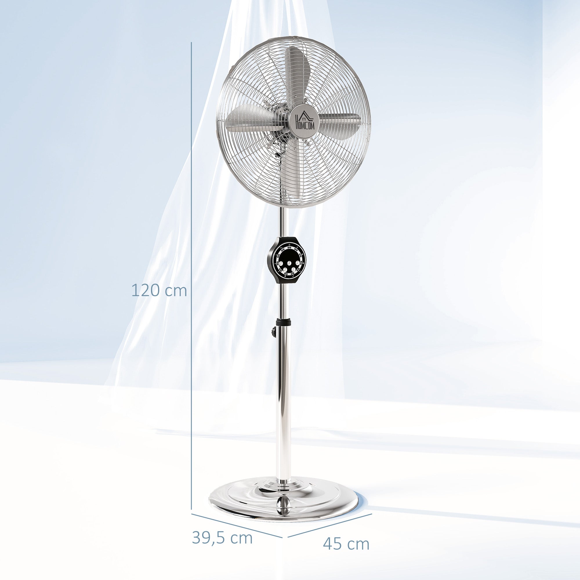 Powerful 50W Stand Fan, Height Adjustable Fan 120-135 cm, 3 Speeds, 75° Oscillation, 7.5H Timer, Remote Control, Sleep Mode, for Office and Bedroom, Silver