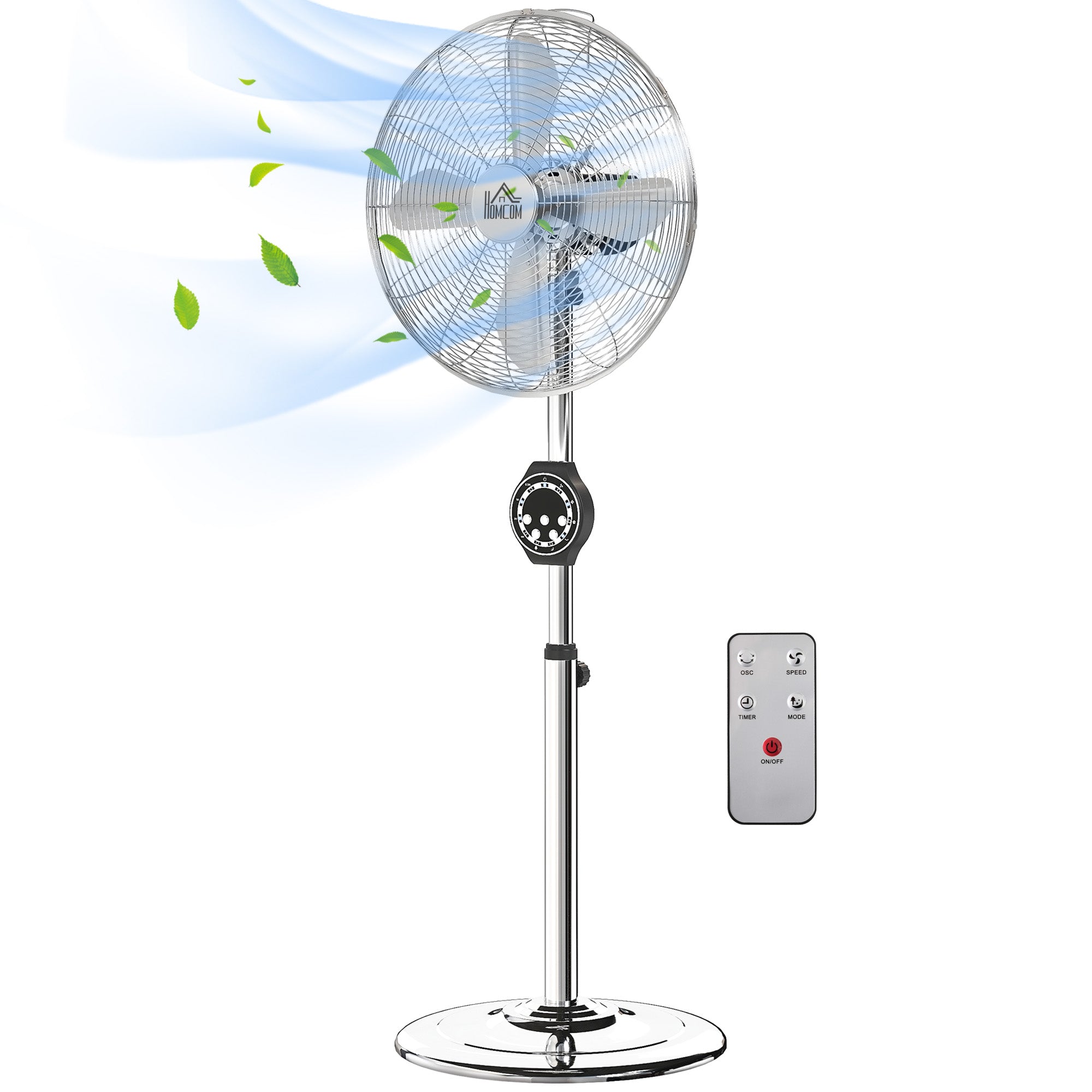 Powerful 50W Stand Fan, Height Adjustable Fan 120-135 cm, 3 Speeds, 75° Oscillation, 7.5H Timer, Remote Control, Sleep Mode, for Office and Bedroom, Silver