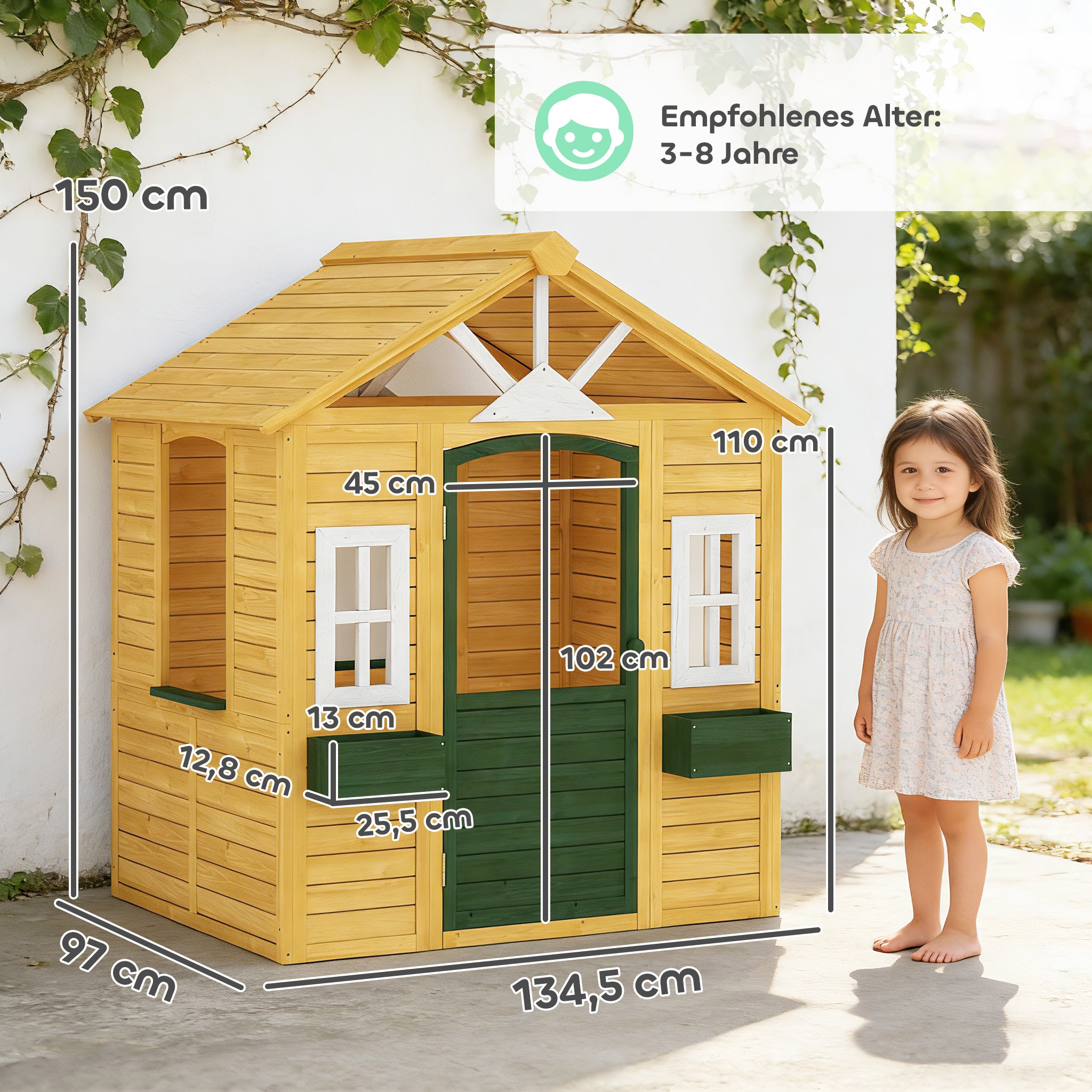 Wooden Kids Playhouse Outdoor — Door, 3 Windows, 2 Planters, Ages 3–8 — 53 x 38 x 59 in (134.5 x 97 x 150 cm), Brown