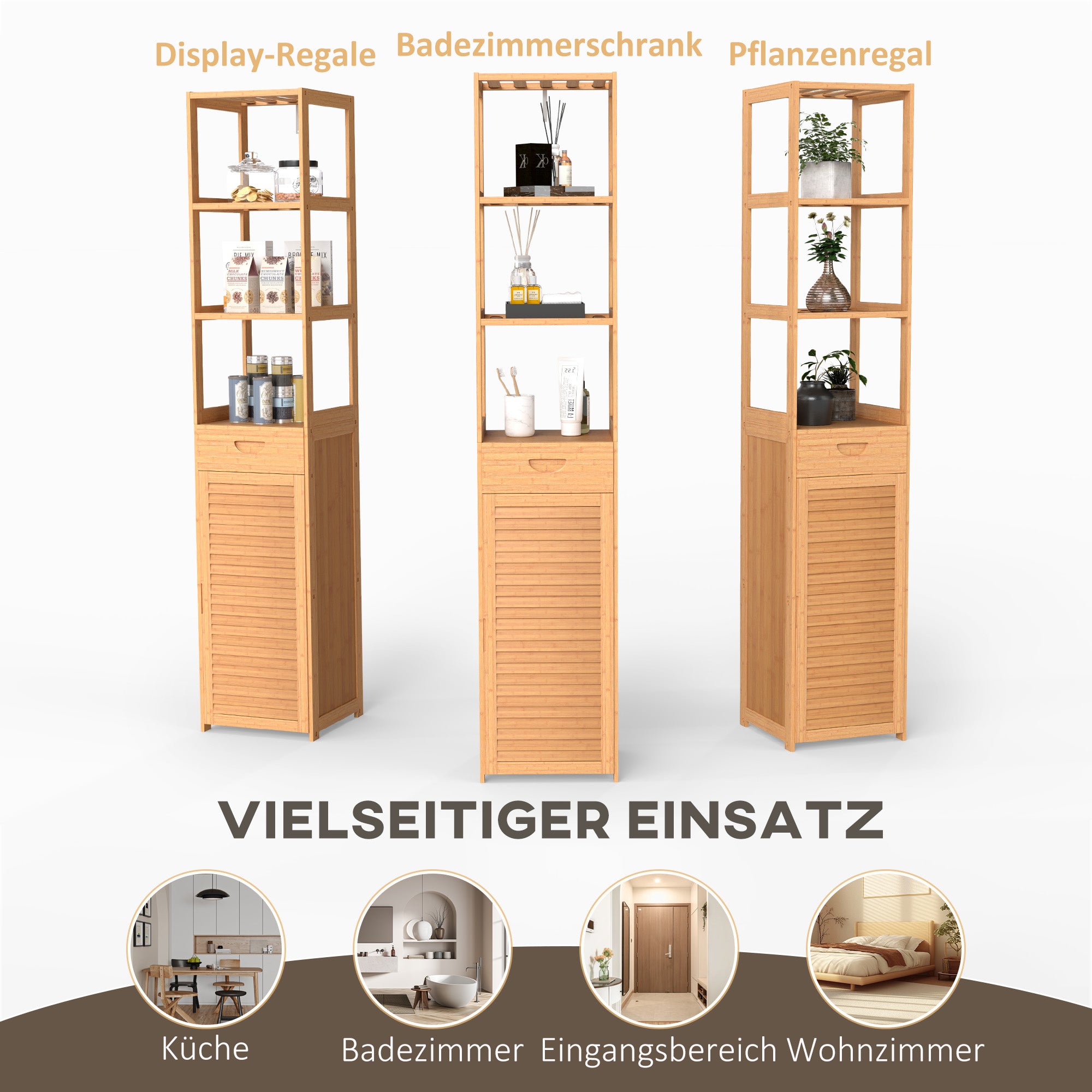 Bathroom Cabinet Storage Cabinet with Drawer, Three Shelves, Open Compartment, Bamboo, Tall Cabinet for Bathroom and Living Room, 32 x 30 x 163 cm Natural Wood