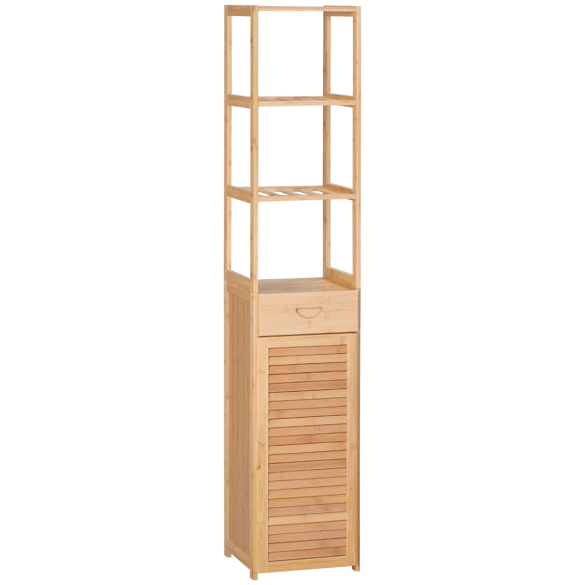 Bathroom Cabinet Storage Cabinet with Drawer, Three Shelves, Open Compartment, Bamboo, Tall Cabinet for Bathroom and Living Room, 32 x 30 x 163 cm Natural Wood