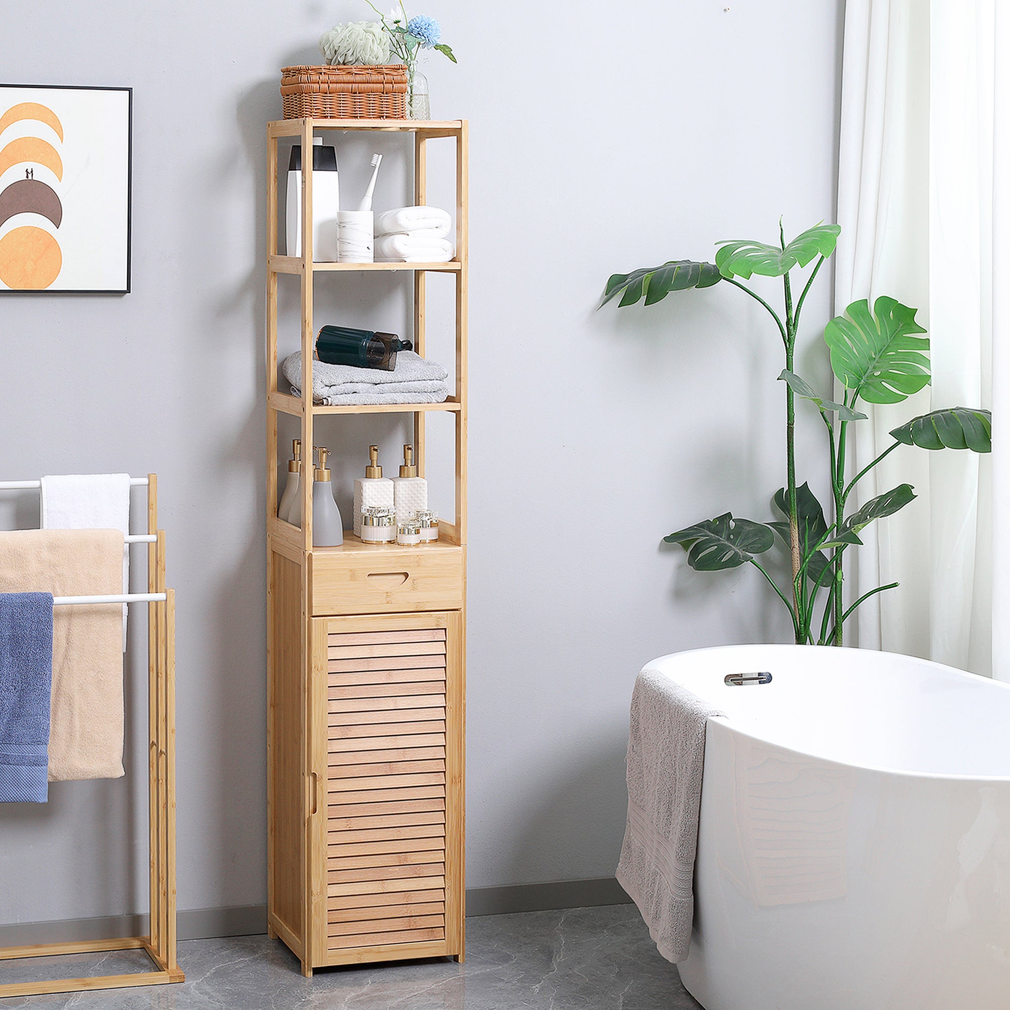 Bathroom Cabinet Storage Cabinet with Drawer, Three Shelves, Open Compartment, Bamboo, Tall Cabinet for Bathroom and Living Room, 32 x 30 x 163 cm Natural Wood
