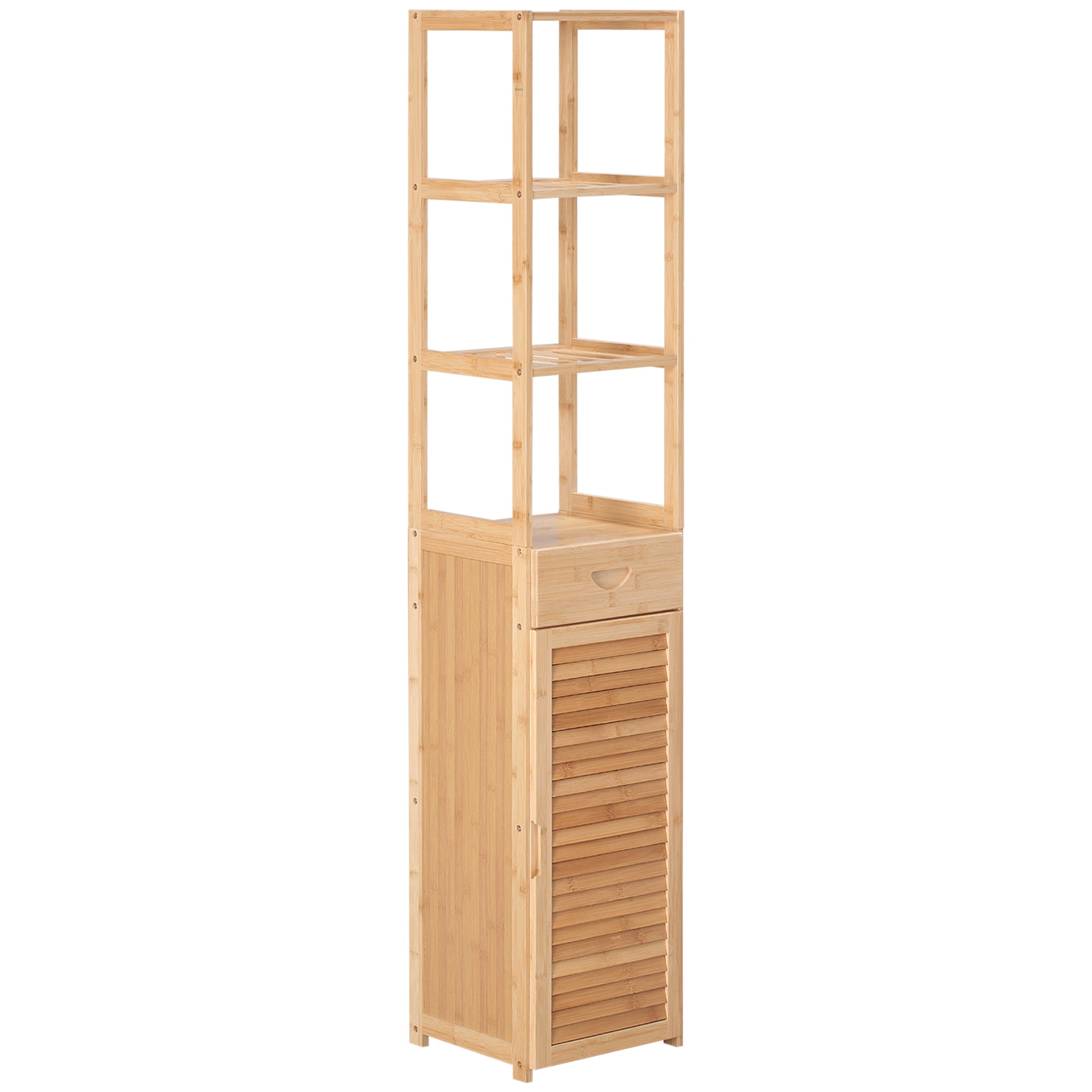 Bathroom Cabinet Storage Cabinet with Drawer, Three Shelves, Open Compartment, Bamboo, Tall Cabinet for Bathroom and Living Room, 32 x 30 x 163 cm Natural Wood