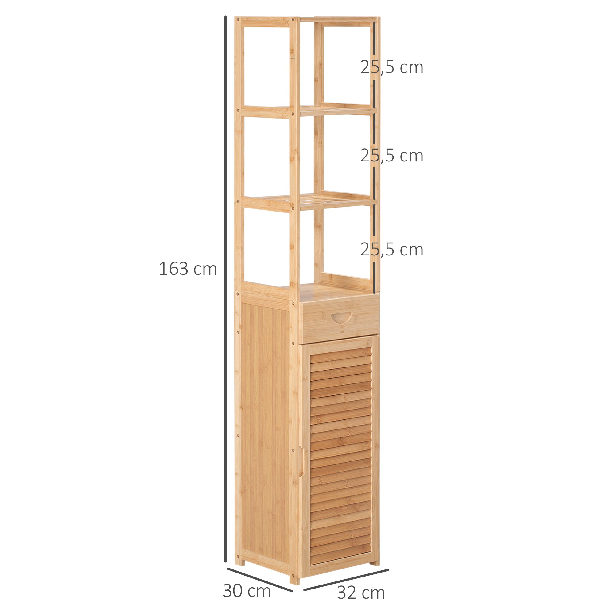 Bathroom Cabinet Storage Cabinet with Drawer, Three Shelves, Open Compartment, Bamboo, Tall Cabinet for Bathroom and Living Room, 32 x 30 x 163 cm Natural Wood