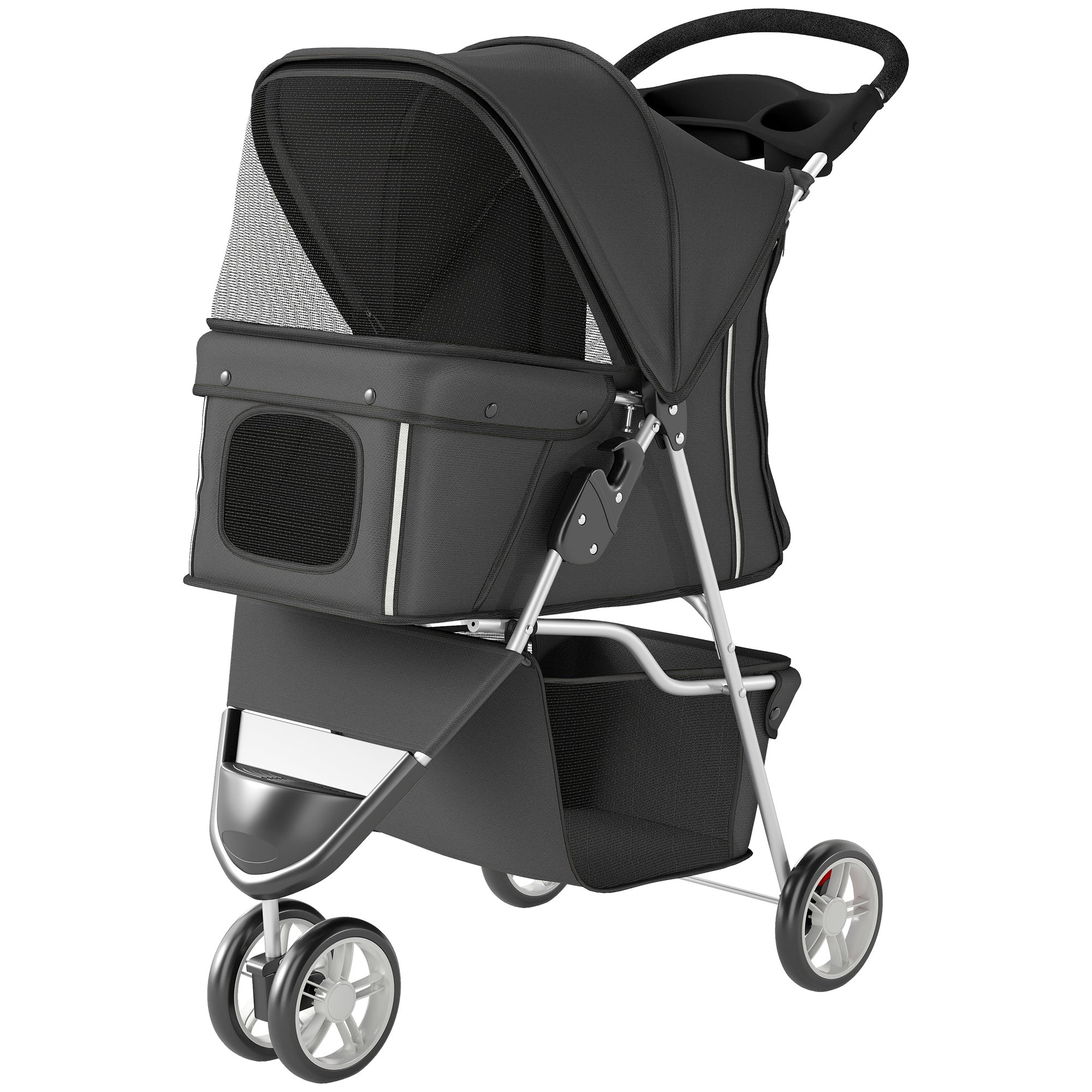 Folding Dog Stroller for Small Dogs with Storage Basket, Mesh Windows, Cup Holder & Wheels — 22 lb Capacity, 30.3 x 17.3 x 40.2 in, Dark Gray