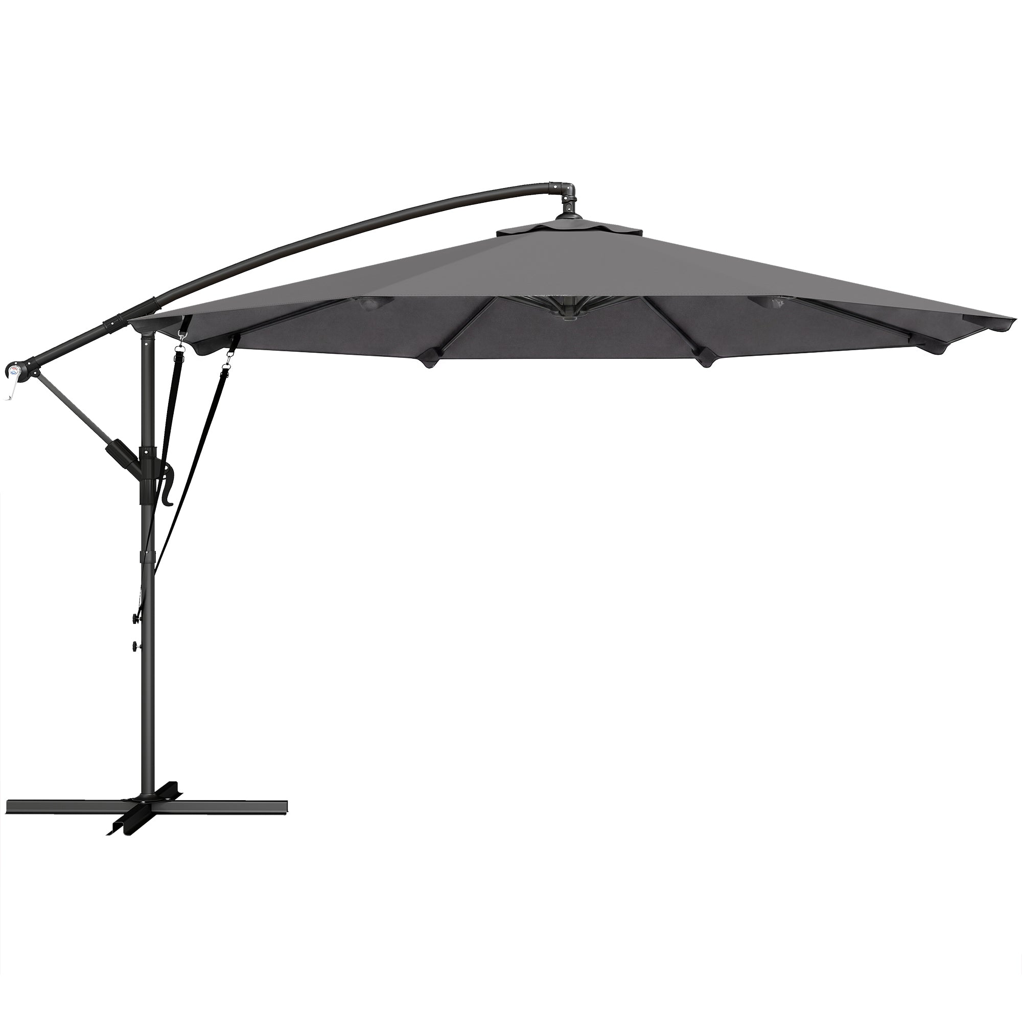 Offset Umbrella, Ø2.95 m (9.7 ft), Garden Parasol with Cross Base, Crank, Protective Cover and Wind Ropes, UPF30+, for Patio, Dark Gray