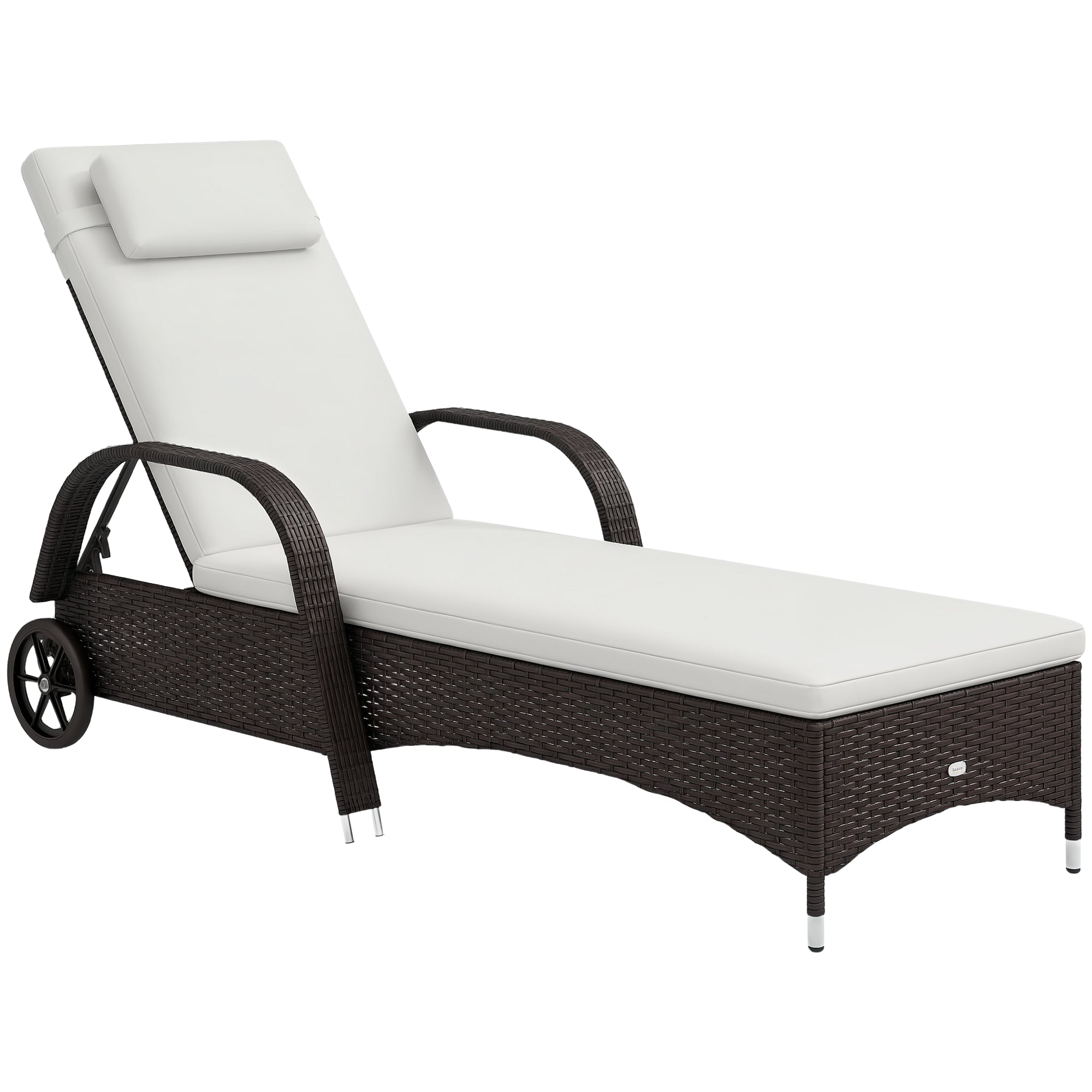 Sun Lounger Polyrattan Garden Lounger with 5-way Adjustable Backrest, Cushion, Wheels, Pillow, 160kg Load Capacity Recliner Sunbed for Garden, 200x73x30-103cm, Coffee Brown