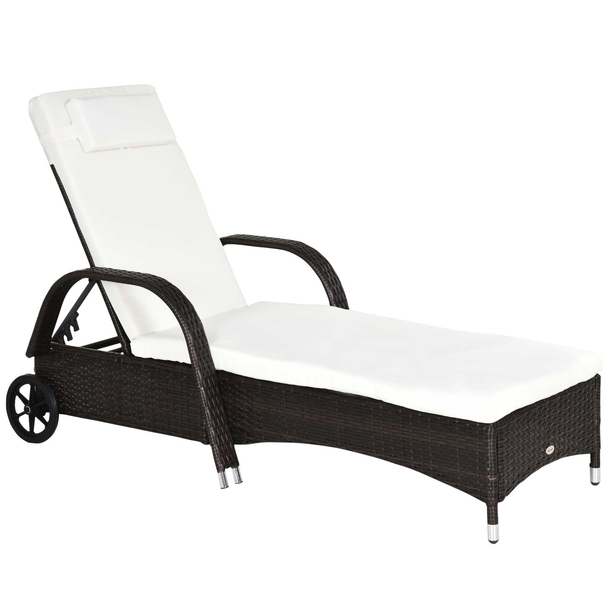 Sun Lounger Polyrattan Garden Lounger with 5-way Adjustable Backrest, Cushion, Wheels, Pillow, 160kg Load Capacity Recliner Sunbed for Garden, 200x73x30-103cm, Coffee Brown