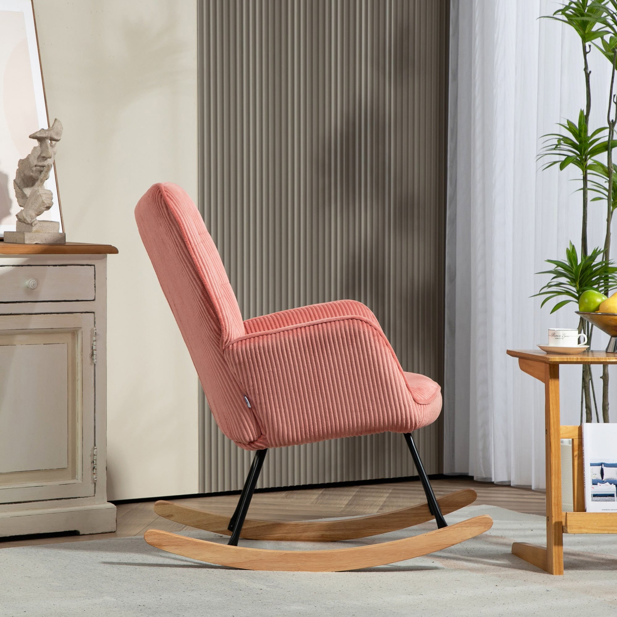 Schaukelstuhl, Schaukelsessel mit Kordoptik, Armlehne, Gepolsterter Sessel mit Holzkufen, Relaxsessel für Wohnzimmer, Schlafzimmer, bis 120kg belastbar, Rosa