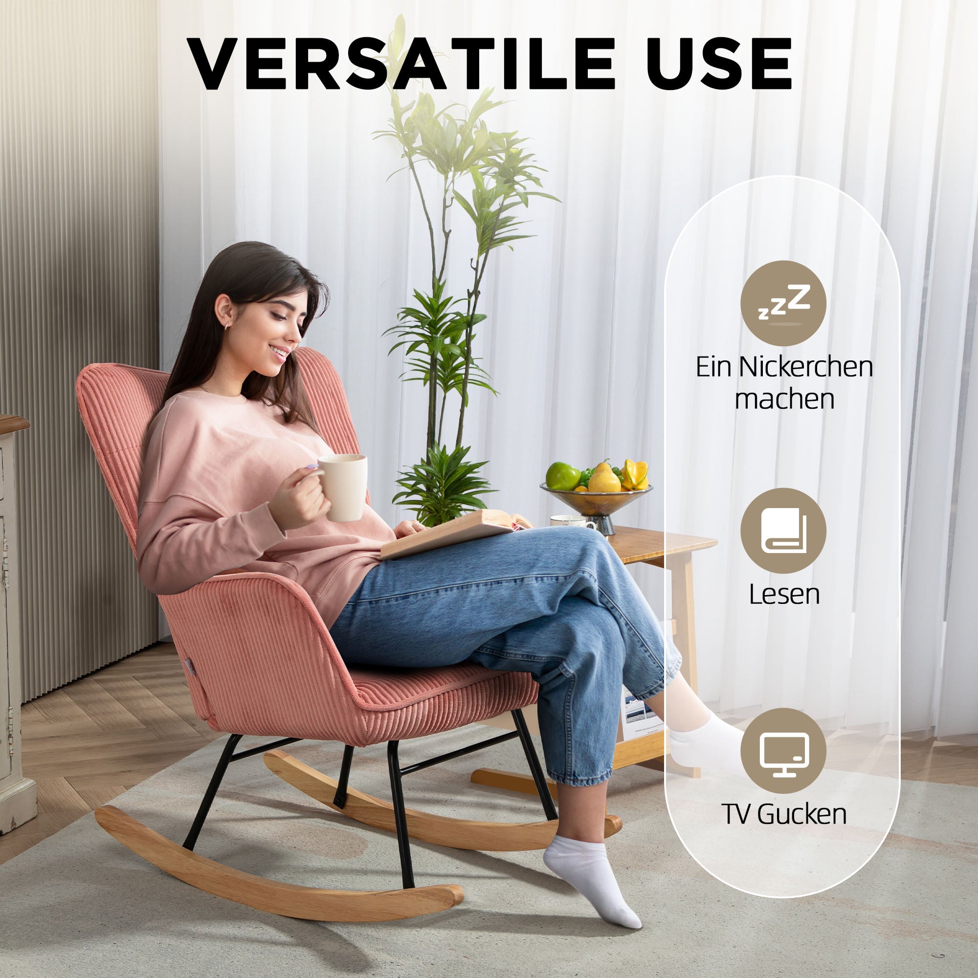Schaukelstuhl, Schaukelsessel mit Kordoptik, Armlehne, Gepolsterter Sessel mit Holzkufen, Relaxsessel für Wohnzimmer, Schlafzimmer, bis 120kg belastbar, Rosa