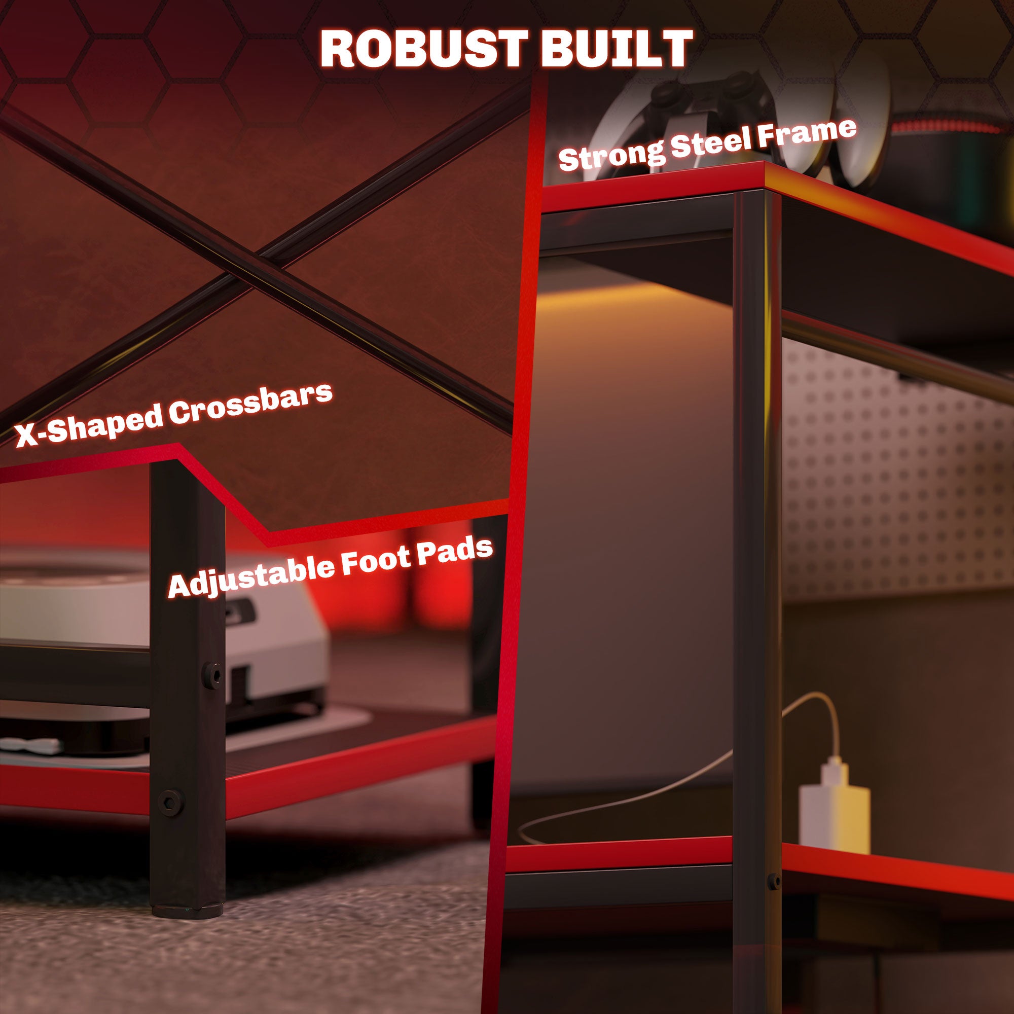 Bureau de Gaming HOMCOM avec Éclairage LED 110x50 cm Bureau de Gaming en Fibre de Carbone avec Prises Électriques, Étagères et Télécommande pour Bureau ou Étude Noir