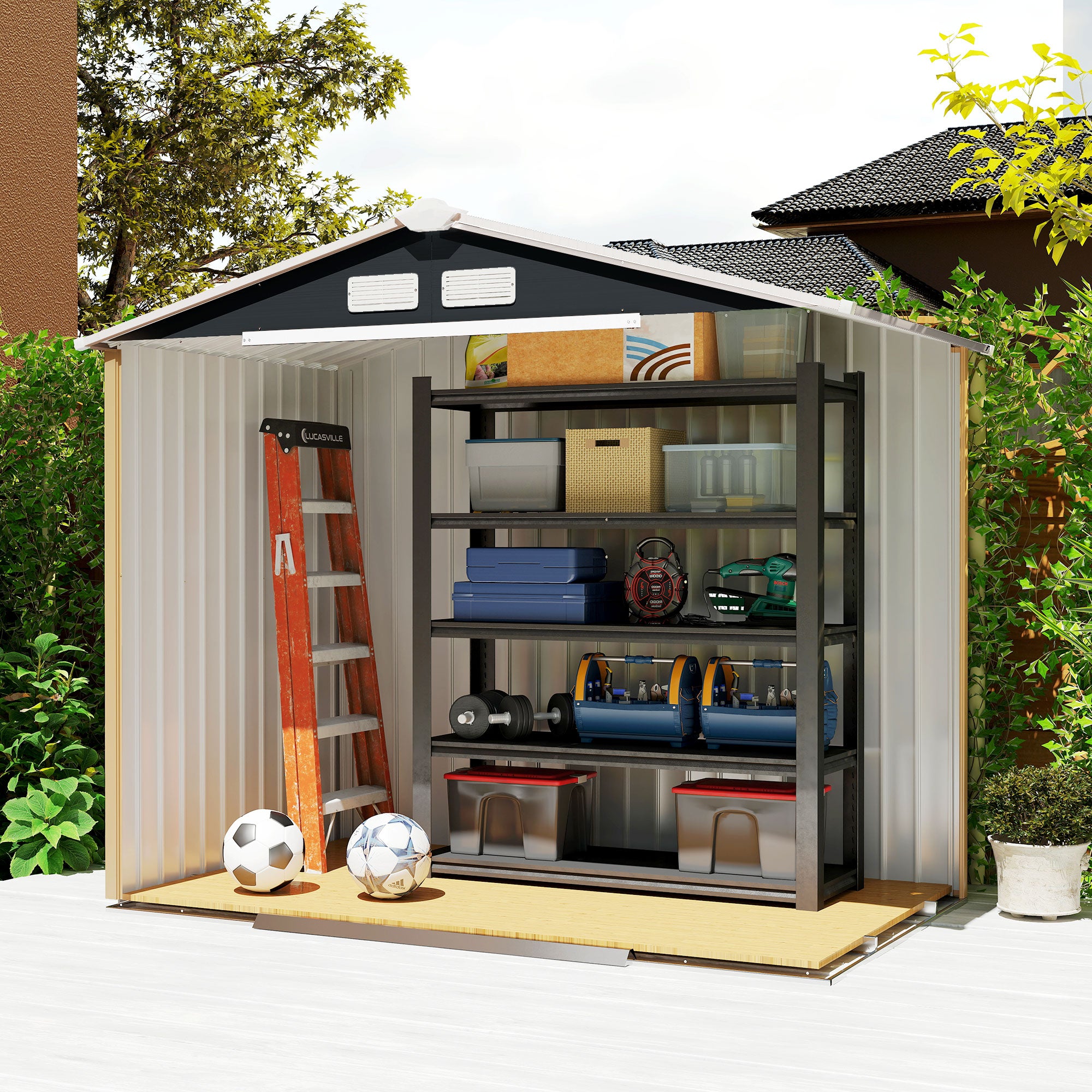 garden shed 2.42 m², garden house with pent roof, sliding door, foundation, 213 x 130 x 185 cm, tool shed made of galvanized steel, weatherproof, for garden, Dark grey