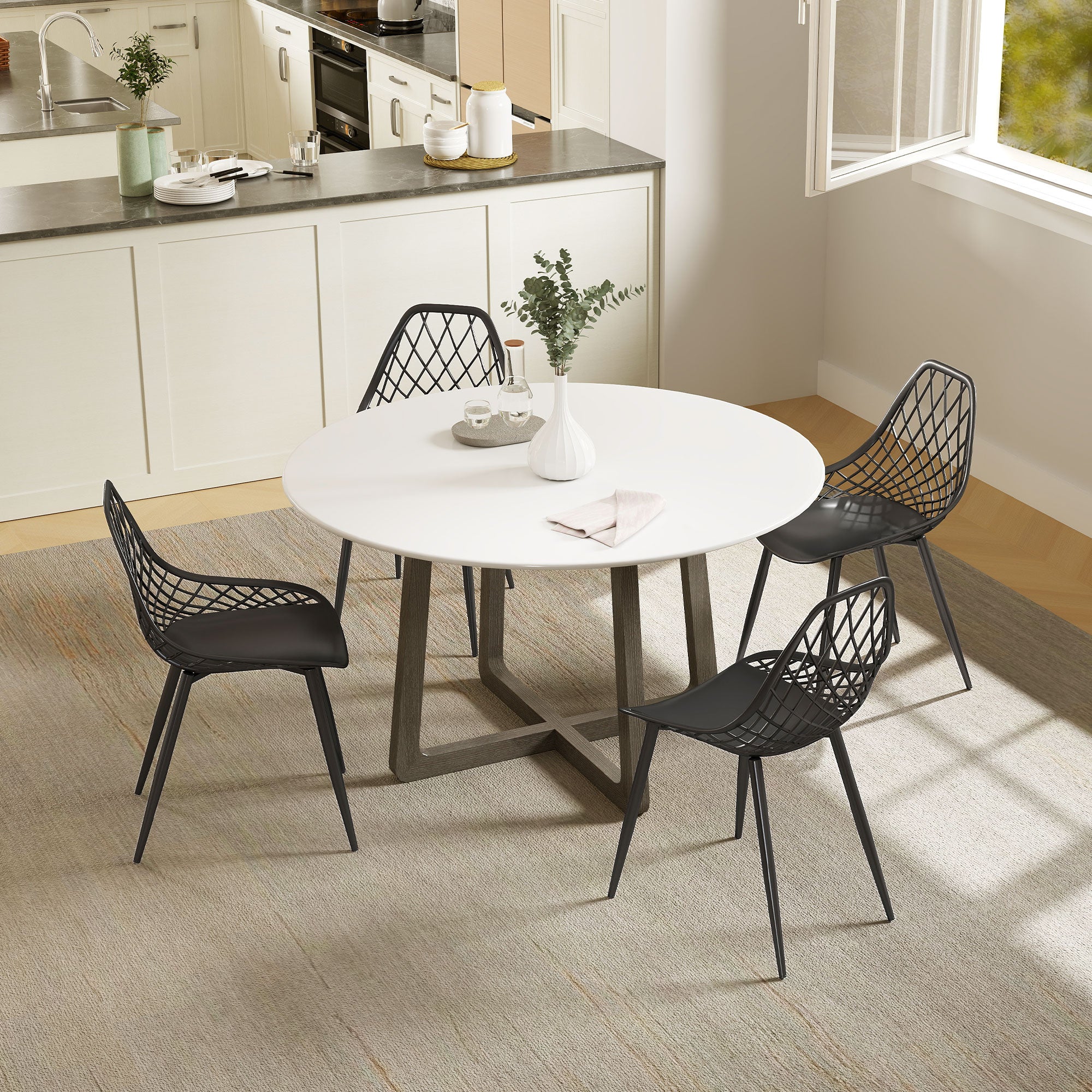 Set of 4 Dining Room Chairs, Modern Kitchen Chairs with Curved Perforated Backrest and Metal Legs, Plastic Chair for Kitchen, Bedroom, and Living Room, Black