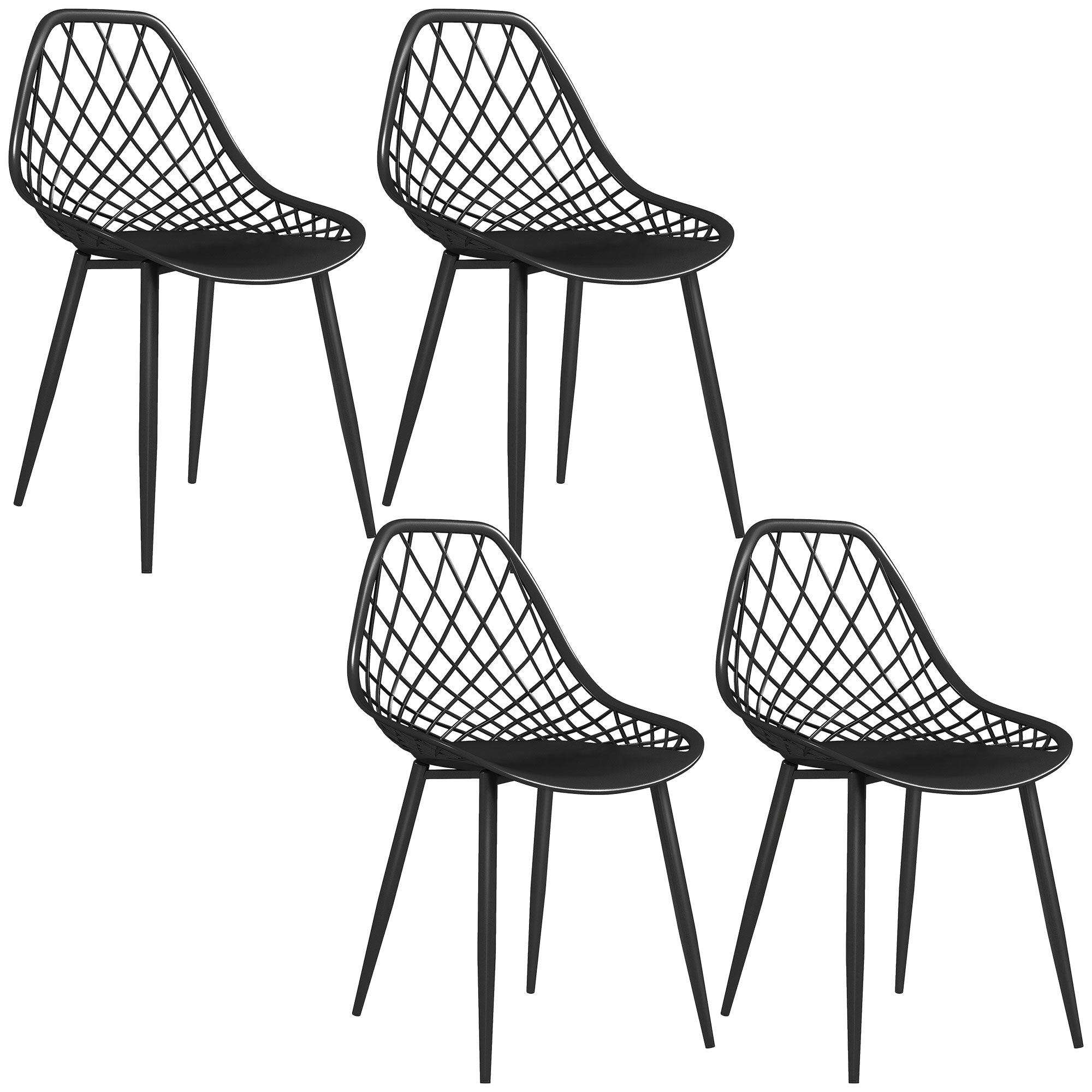 Set of 4 Dining Room Chairs, Modern Kitchen Chairs with Curved Perforated Backrest and Metal Legs, Plastic Chair for Kitchen, Bedroom, and Living Room, Black