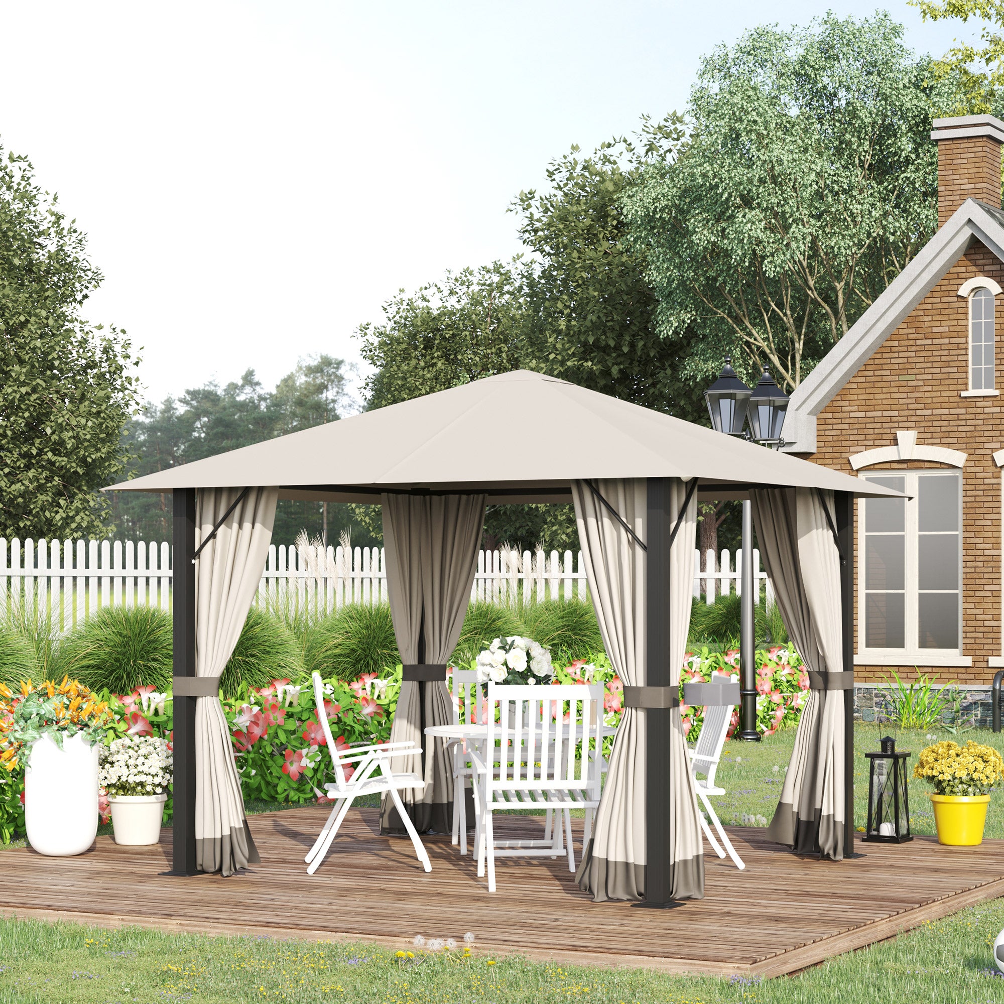 Garden Gazebo 3 x 3 meters Garden Tent Roof with Ventilation Holes Marquee Party Tent with 4 x Side Panels Weatherproof Aluminum Polyester Khaki