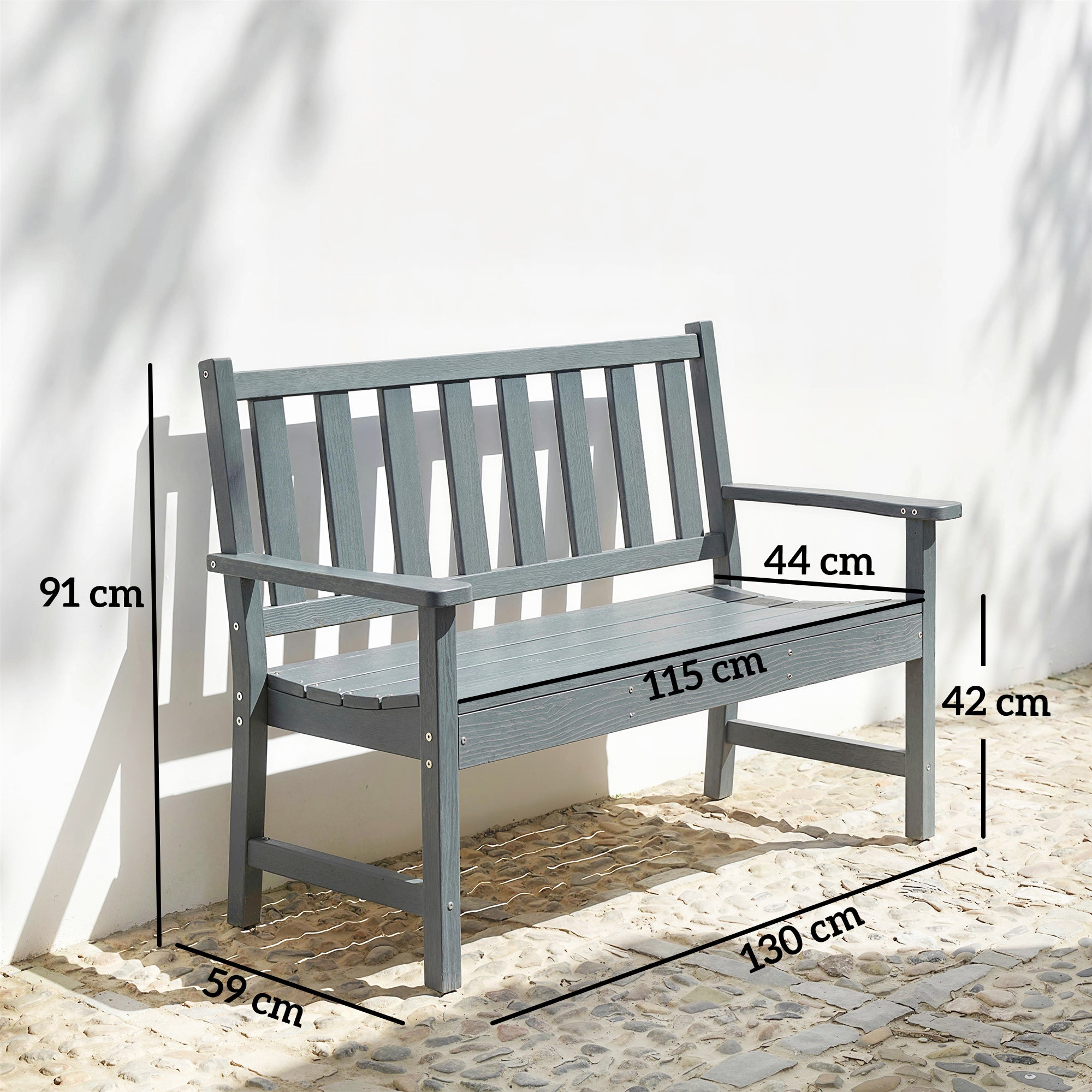 2-Seater Weatherproof Garden Bench, HDPE Plastic, Wood-Look Slatted Design, Ergonomic Backrest, 529 lb Capacity, 51.2 x 23.2 x 35.8 in, Gray