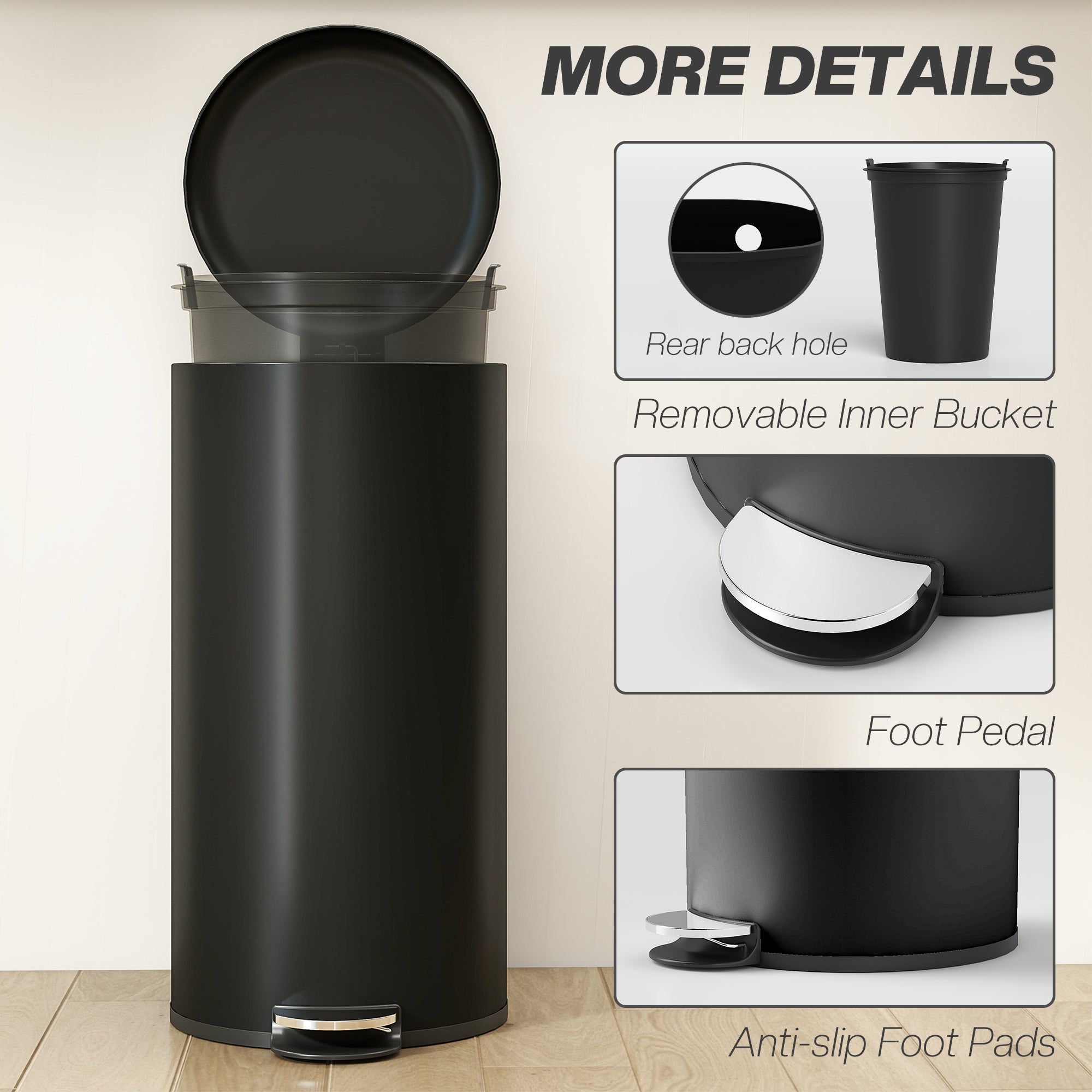 30 L Step Trash Can with Lid and Foot Pedal, Removable Inner Bin, Soft-Close for Living Room, Office — Black, 36 x 30 x 63.5 cm (14.2 x 11.8 x 25.0 in)