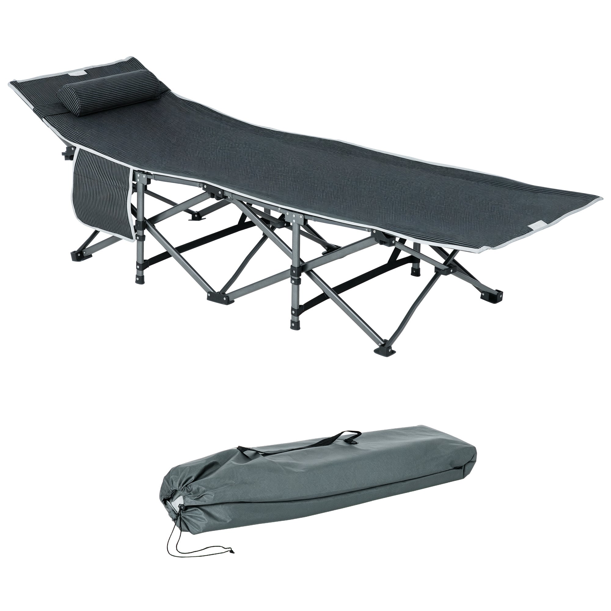 Folding Camping Cot Portable Bed with Pillow Side Pocket Mattress Guest Bed up to 150 kg Capacity Travel Outdoor Oxford Grey 188 x 64.5 x 53 cm
