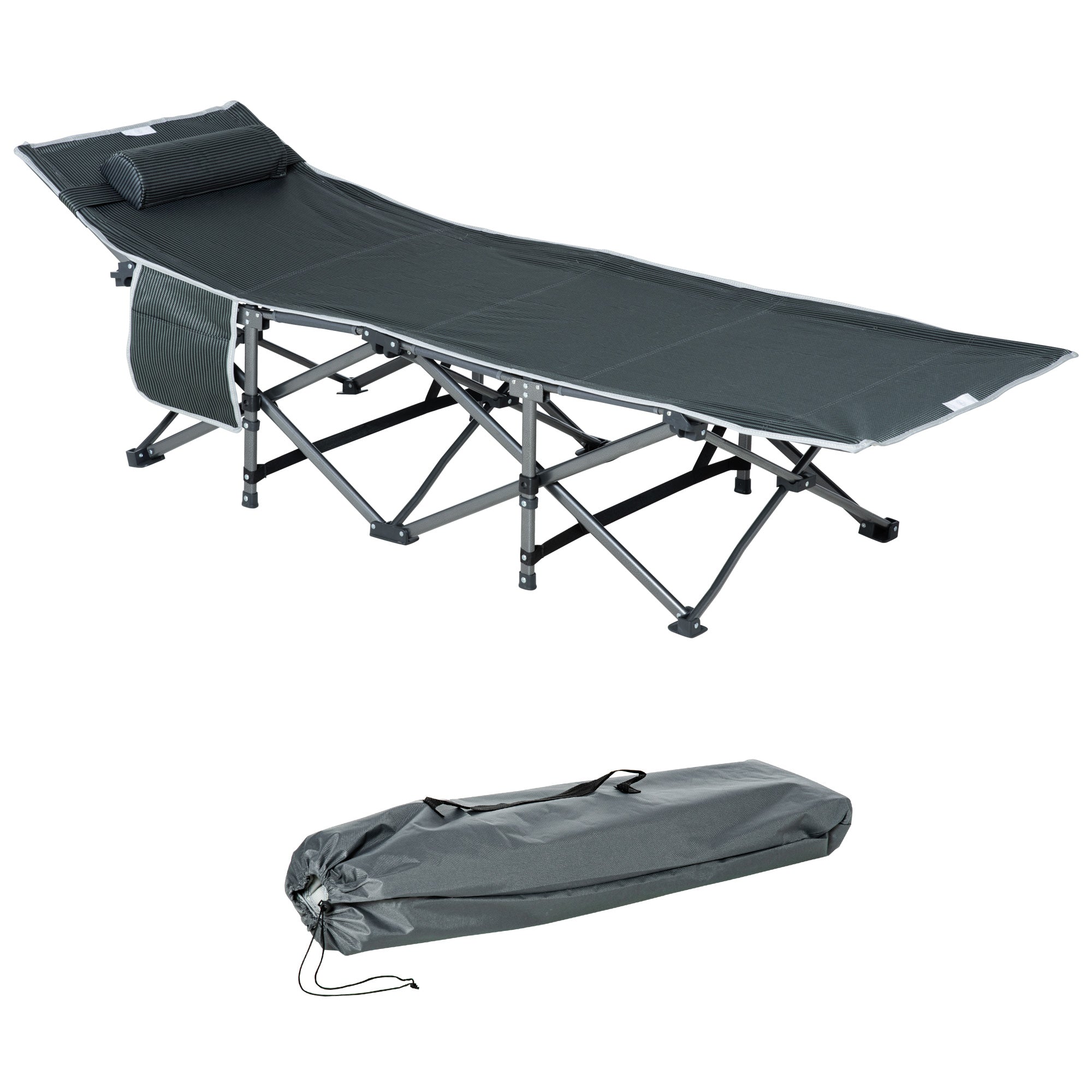 Folding Camping Cot Portable Bed with Pillow Side Pocket Mattress Guest Bed up to 150 kg Capacity Travel Outdoor Oxford Grey 188 x 64.5 x 53 cm