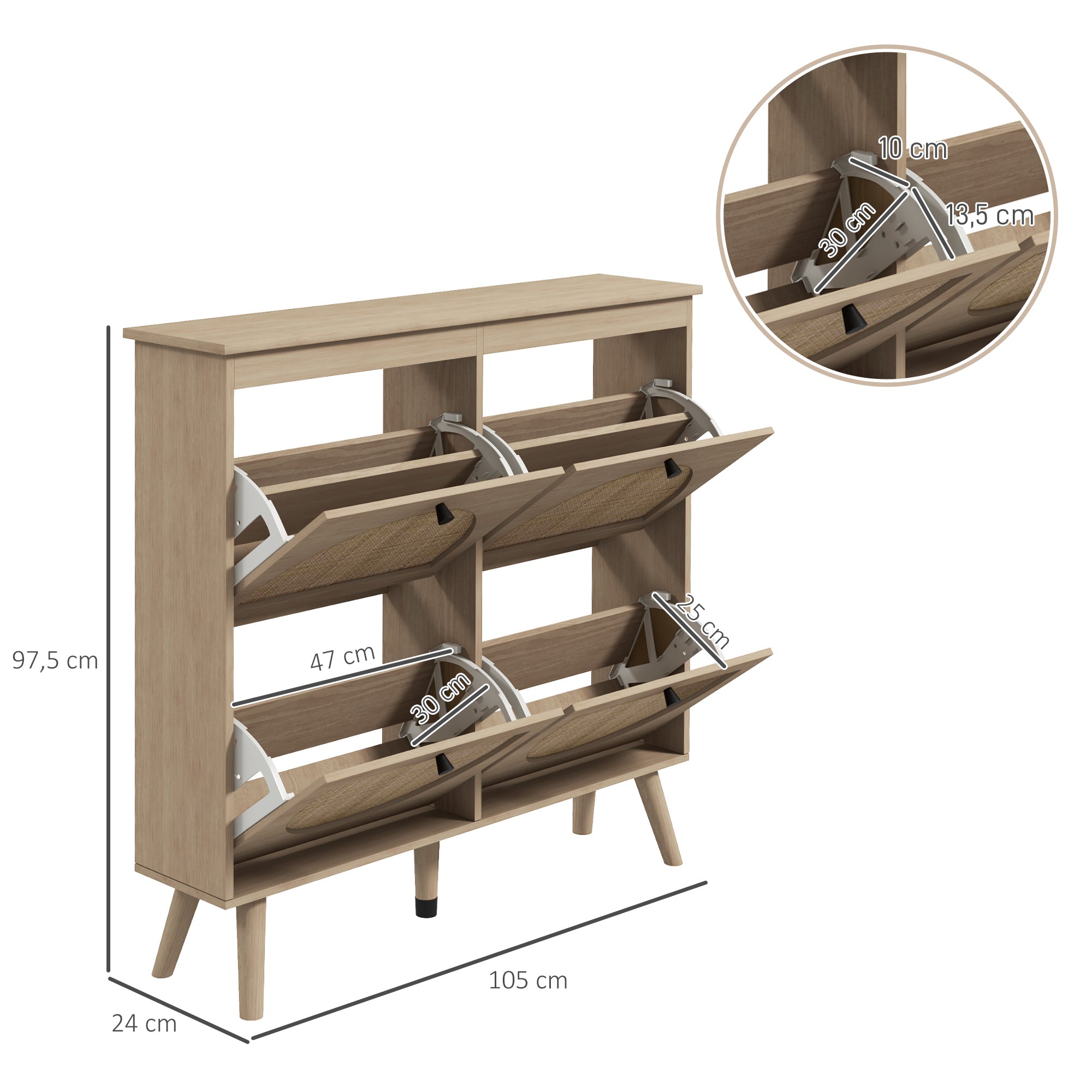 Shoe Cabinet 4 Folding Drawers Shoe Rack for 20 Pairs with Adjustable Shelf Bohemian Style Solid Wood Legs 105 x 24 x 97.5 cm Natural