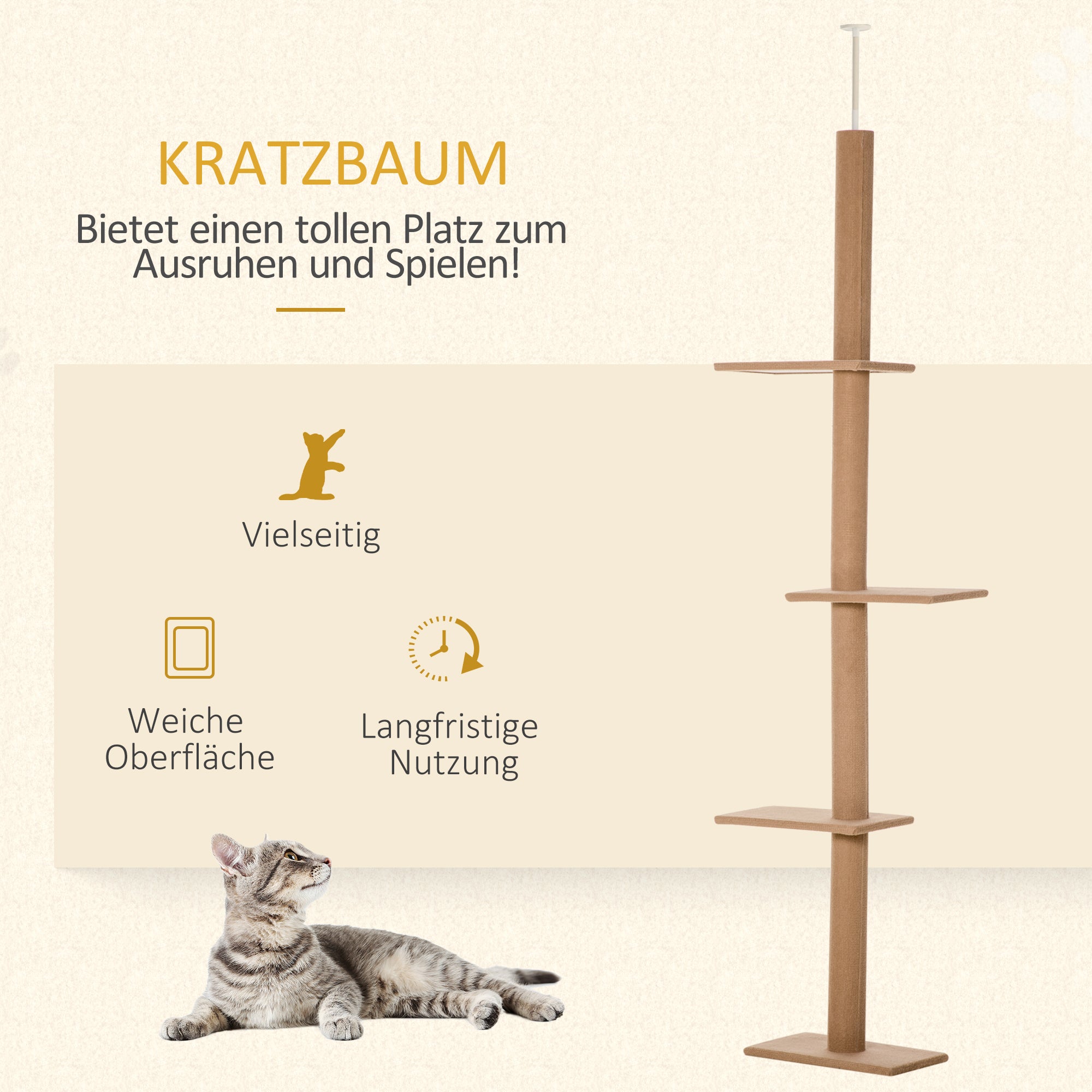 Ceiling-High Scratching Post, 228-260 cm Adjustable Height Cat Tree Climbing Frame for Cats with 3 Levels, Cat Scratching Post, Play Tree from Floor to Ceiling Light Brown