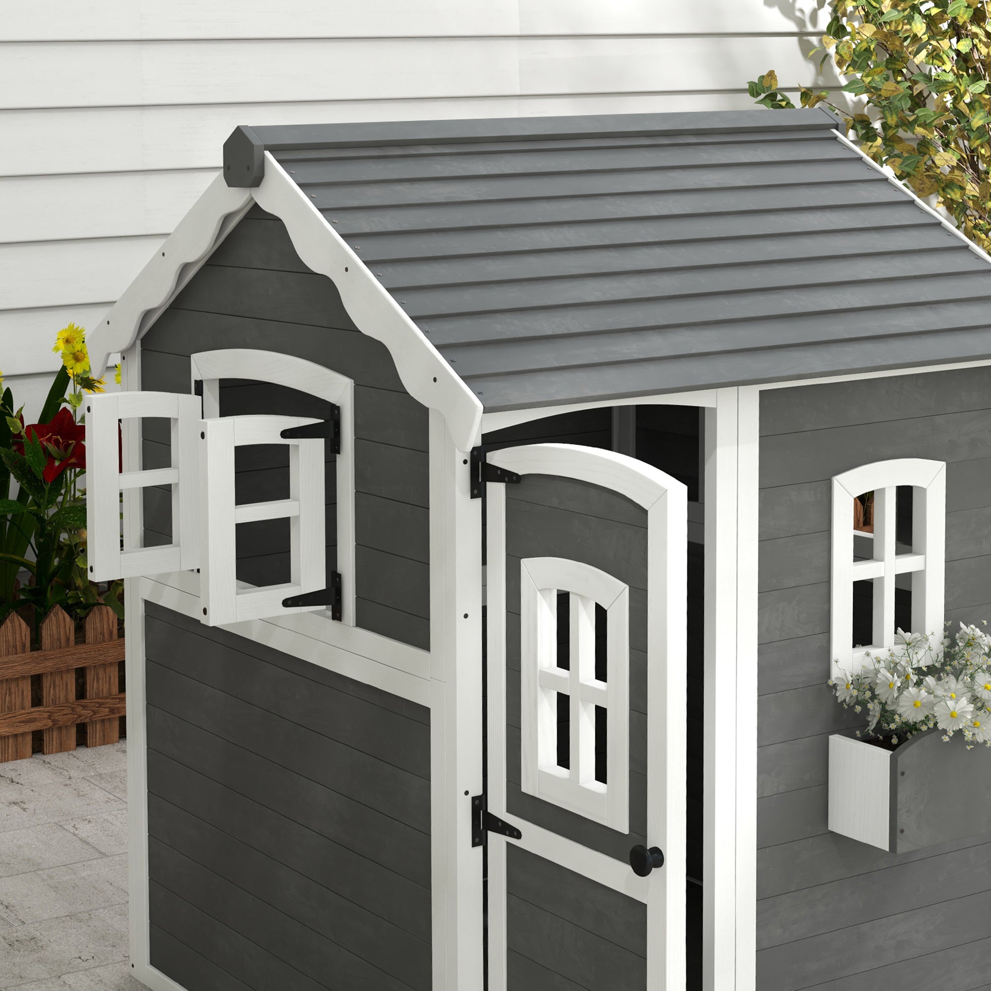 Children's Wooden Playhouse Outdoor with Door, Window, and Planter Box, Kids House, Garden House for Children 3-8 Years