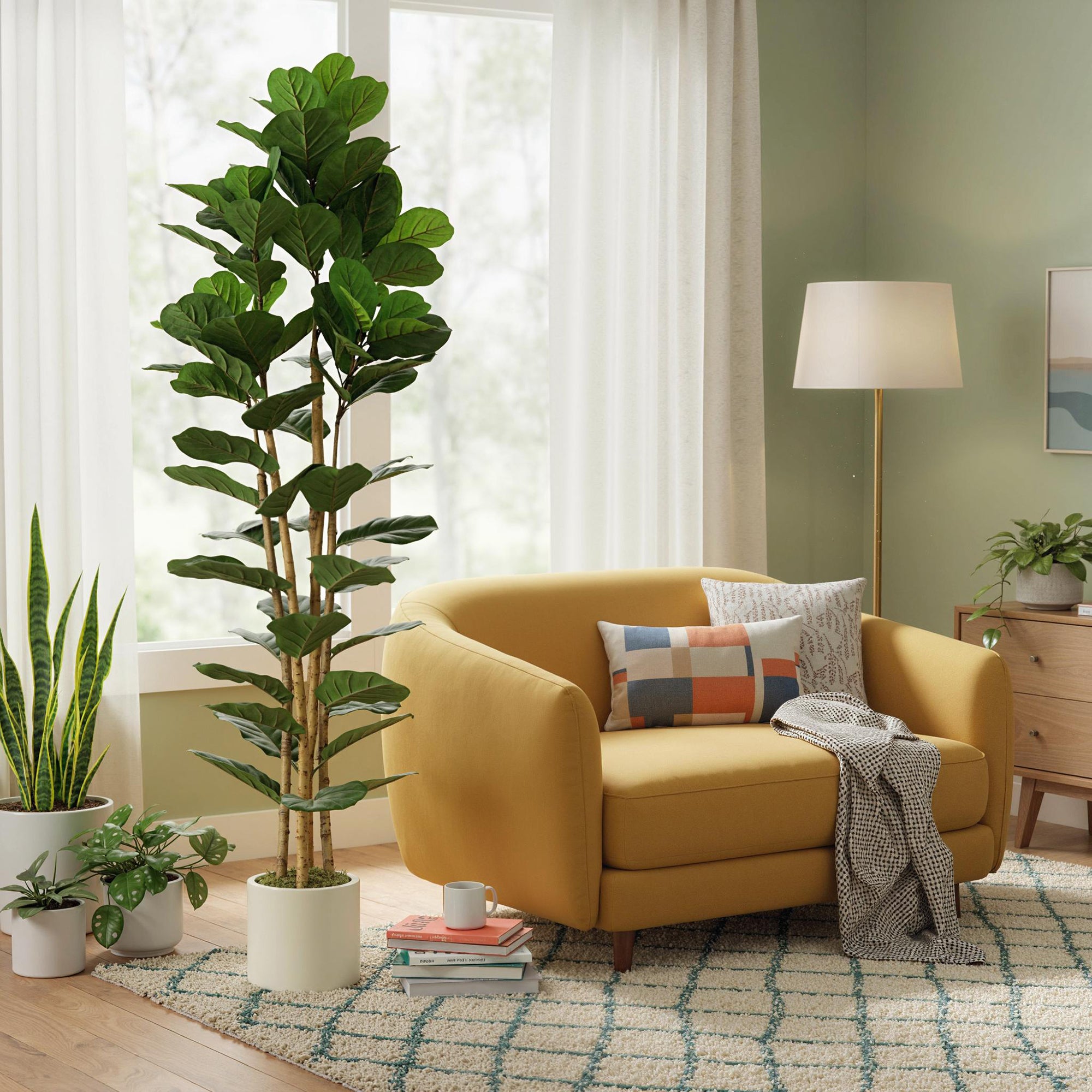 Artificial Fiddle Leaf Fig Tree, 180 cm (71 in), 91 Leaves, Solid Wood Trunk, Potted Realistic Plastic Plant for Living Room, Bedroom, Office, Garden Décor