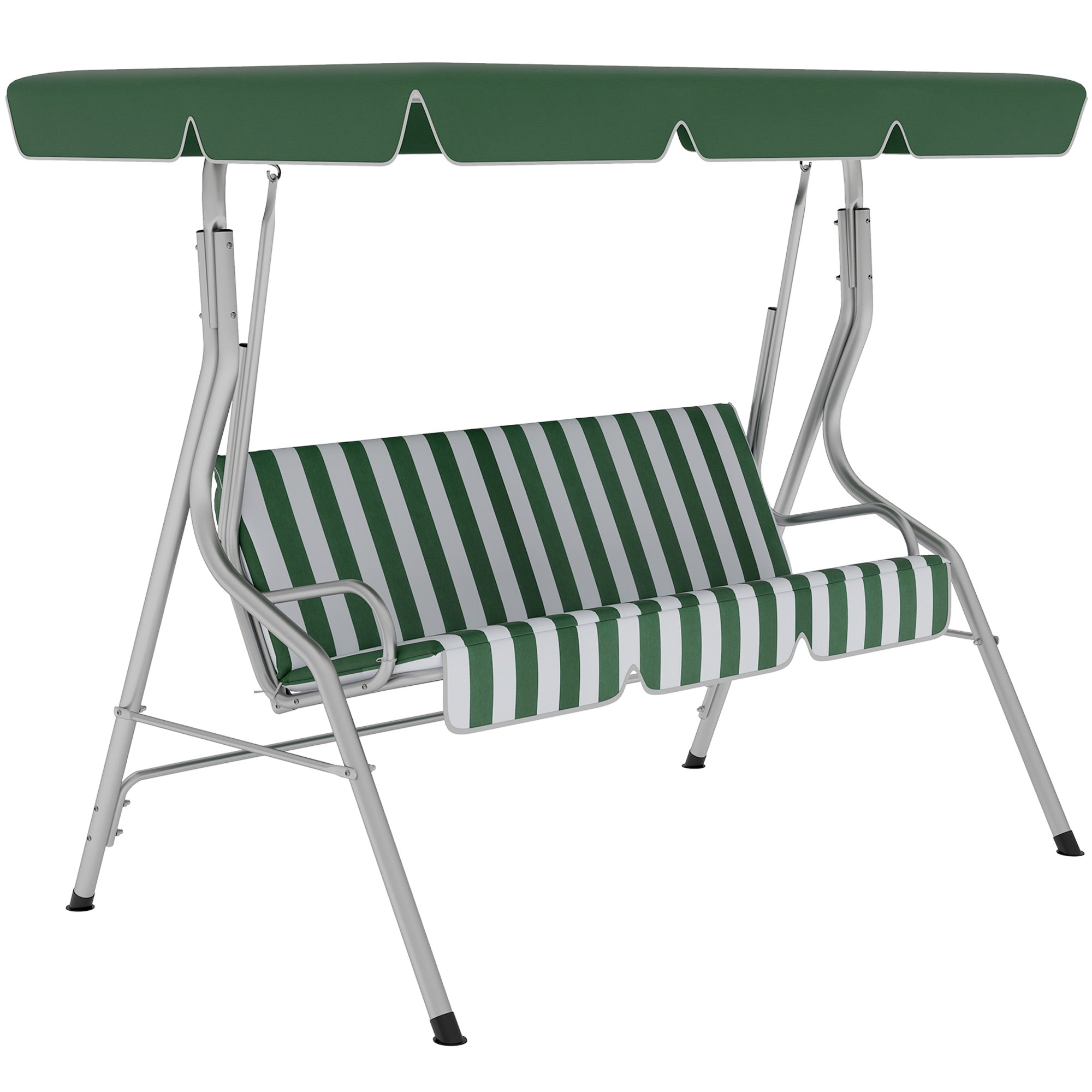 3-seat garden swing, outdoor swing with adjustable canopy, striped pattern, with seat and backrest cushions, 1.7 x 1.1 x 1.53 m, metal polyester, green