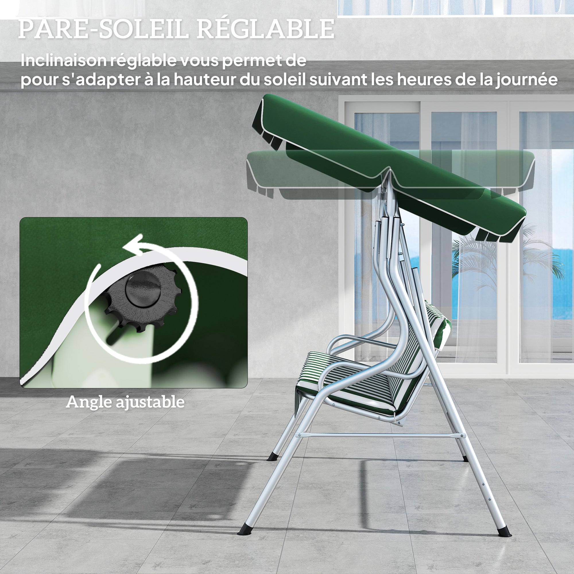 3-seat garden swing, outdoor swing with adjustable canopy, striped pattern, with seat and backrest cushions, 1.7 x 1.1 x 1.53 m, metal polyester, green