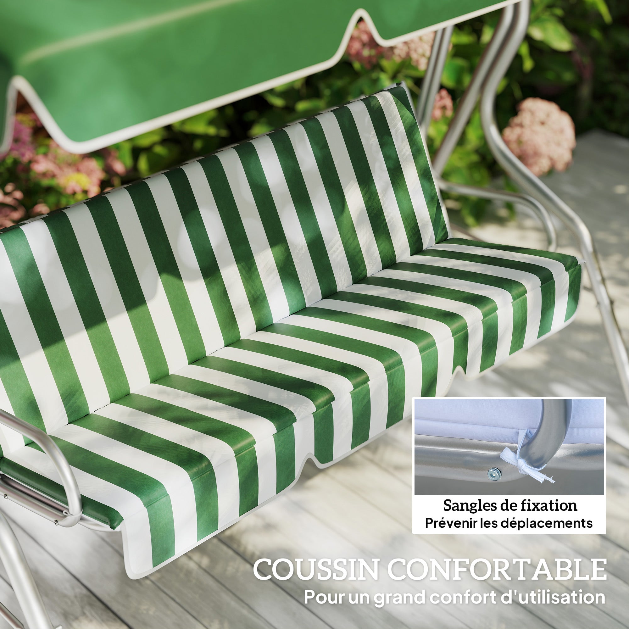 3-seat garden swing, outdoor swing with adjustable canopy, striped pattern, with seat and backrest cushions, 1.7 x 1.1 x 1.53 m, metal polyester, green