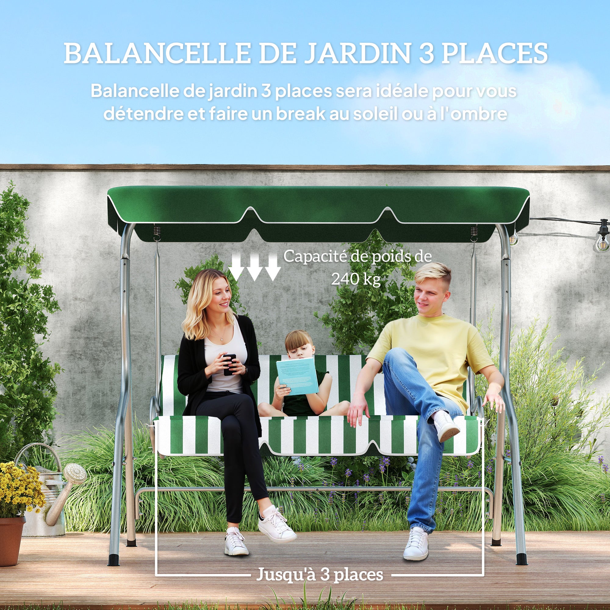 3-seat garden swing, outdoor swing with adjustable canopy, striped pattern, with seat and backrest cushions, 1.7 x 1.1 x 1.53 m, metal polyester, green