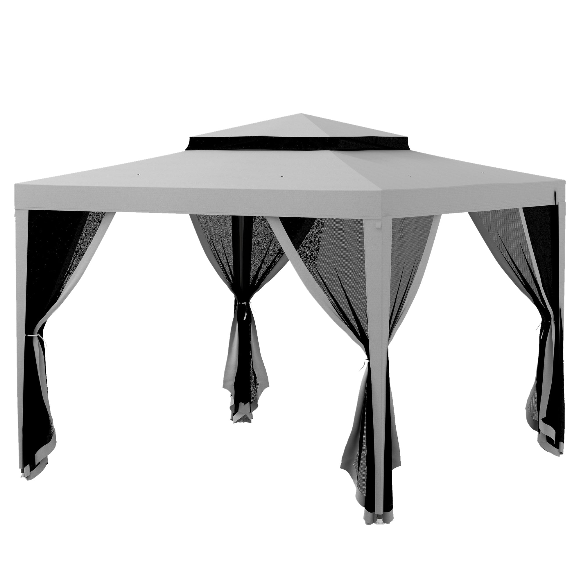 3x3m Garden Gazebo Detachable Outdoor Canopy with 4 Side Mosquito Mesh Curtains Double Roof and Anti-UV Waterproof Metal Frame Pavilion for Patio Gray