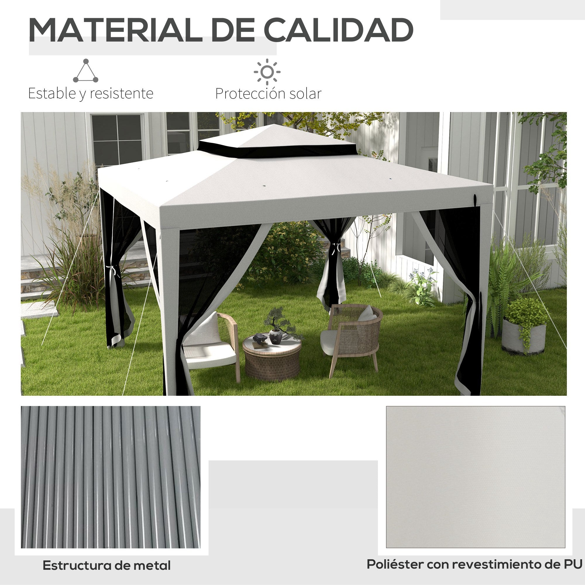 3x3m Garden Gazebo Detachable Outdoor Canopy with 4 Side Mosquito Mesh Curtains Double Roof and Anti-UV Waterproof Metal Frame Pavilion for Patio Gray