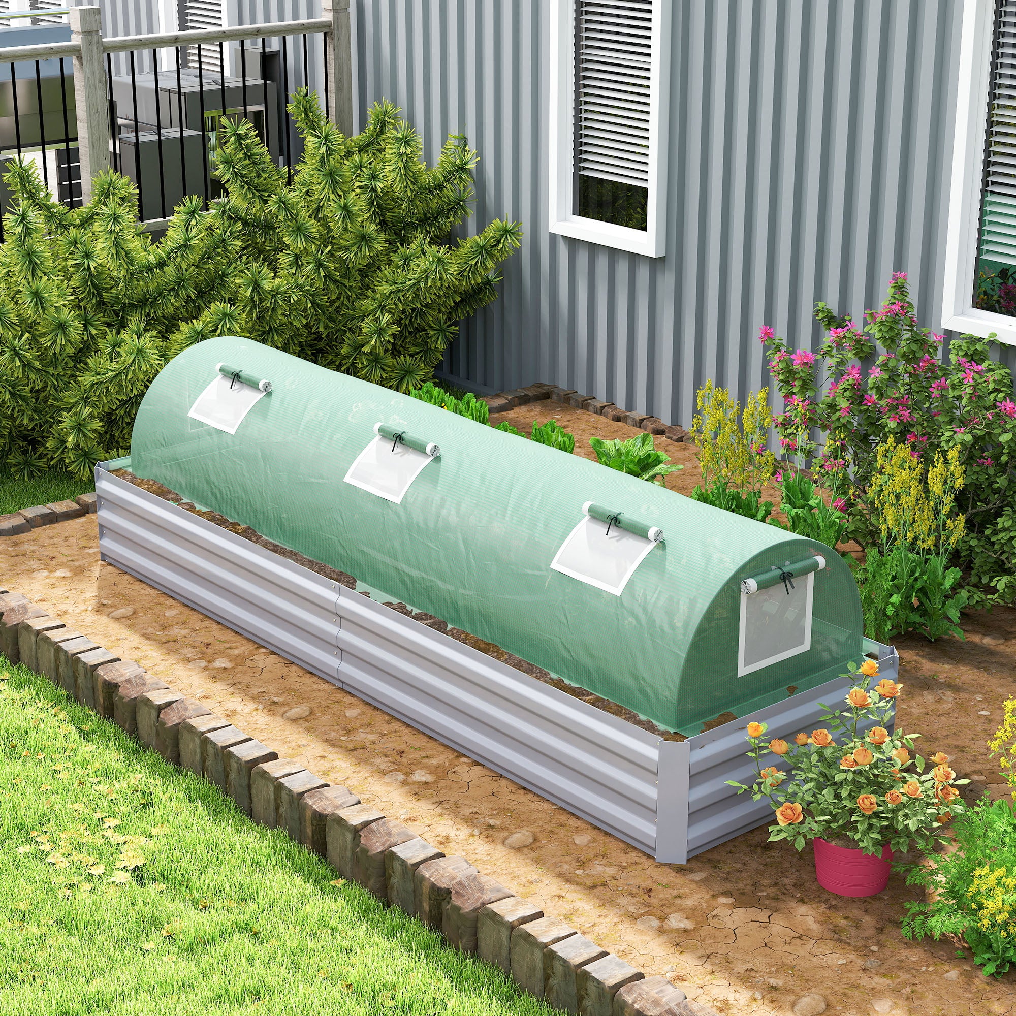 Mini Garden Tunnel Greenhouse 300 x 80 x 45 cm 5 Roll-up Windows PE 140 g/m² Green Epoxy Metal