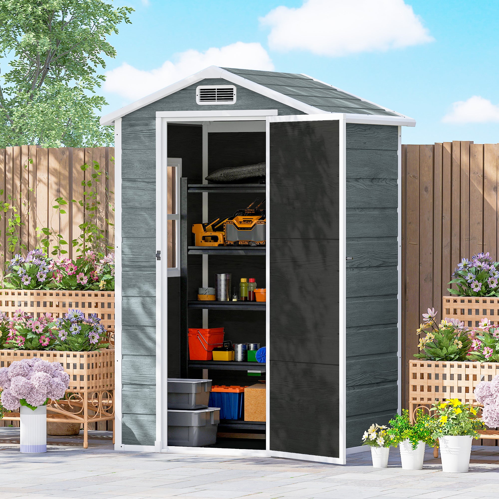 Wood-Effect Resin Garden Shed with Floor & Window, 128 x 104 x 196 cm (50.4 x 40.9 x 77.2 in) — Weathered Gray