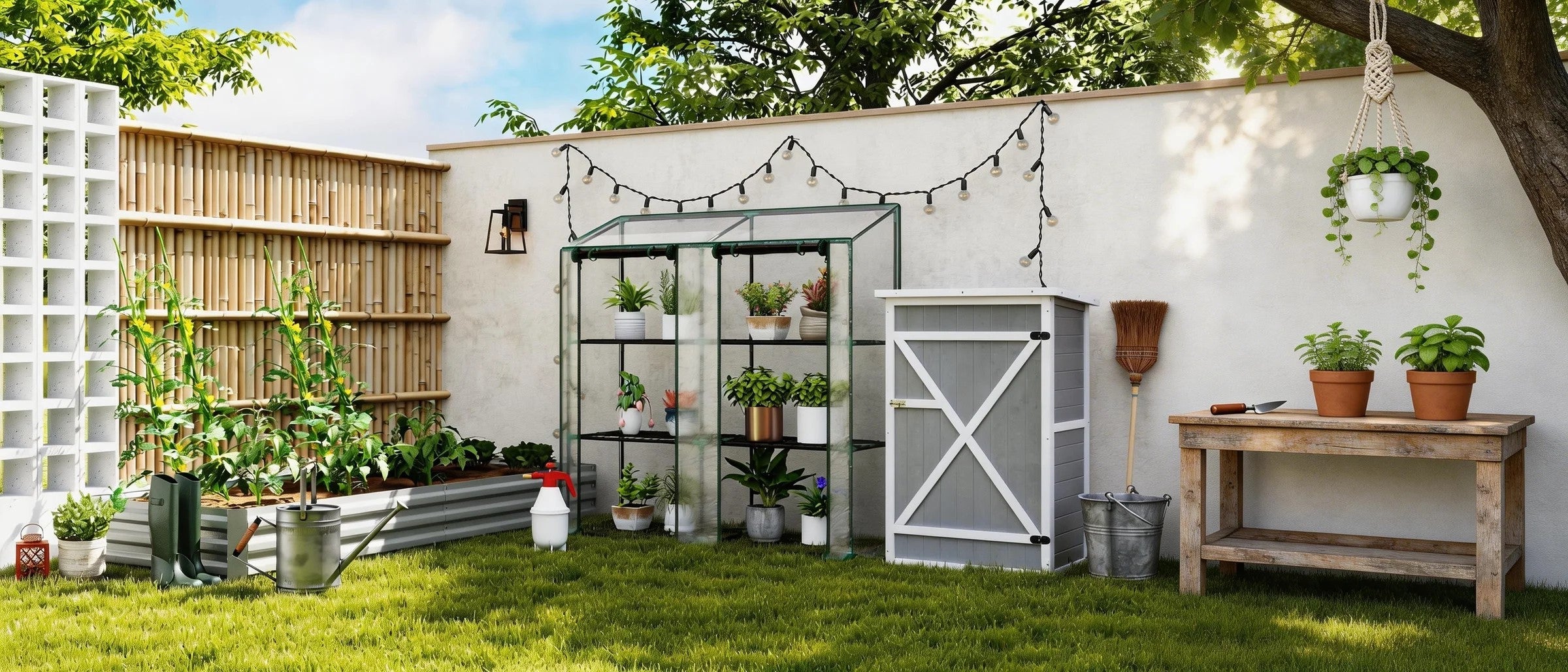 Outdoor garden setup with plants, shelves, and a small shed.