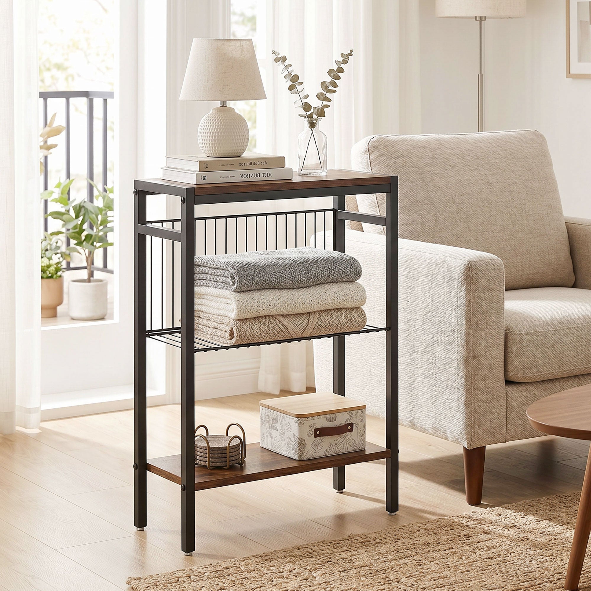 3-Shelf Side Table – Small Coffee/End Table with Metal Frame, Rustic Brown